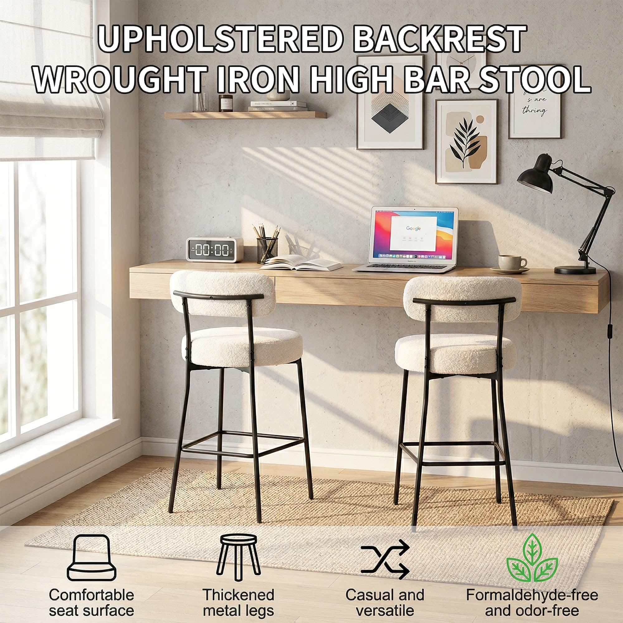 Boucle Counter Height Bar Stools with Back, Set of 2