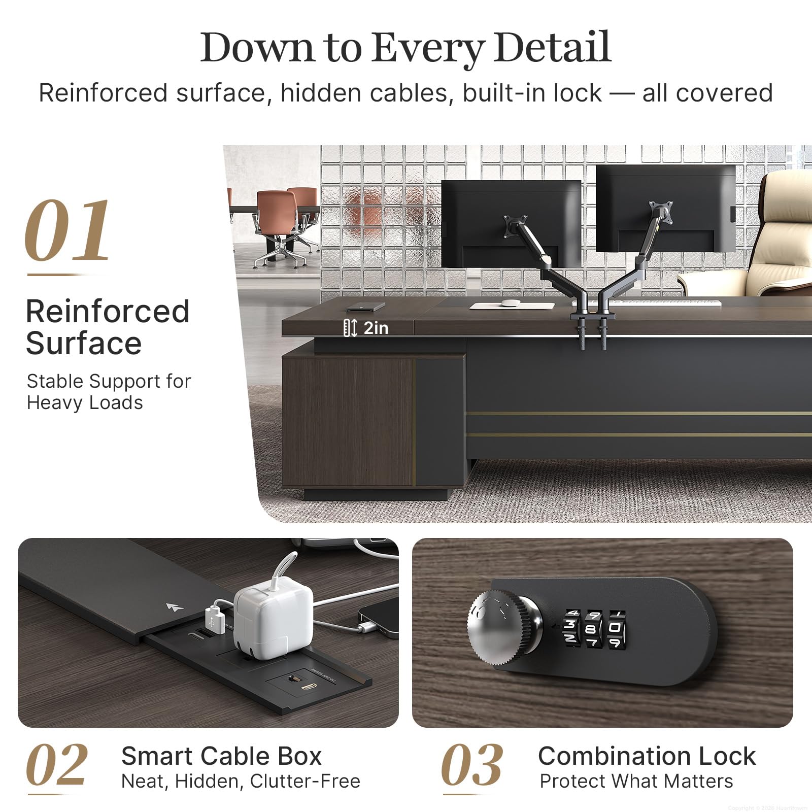 Huariifowm 79" L-Shaped Executive Desk with Reversible Return, Large Office Desk for Manager Office, Power Hub with USB-C HDMI RJ45, 3-Digit Lock Drawer, Storage Shelves and Privacy Panel, Gray Walnut