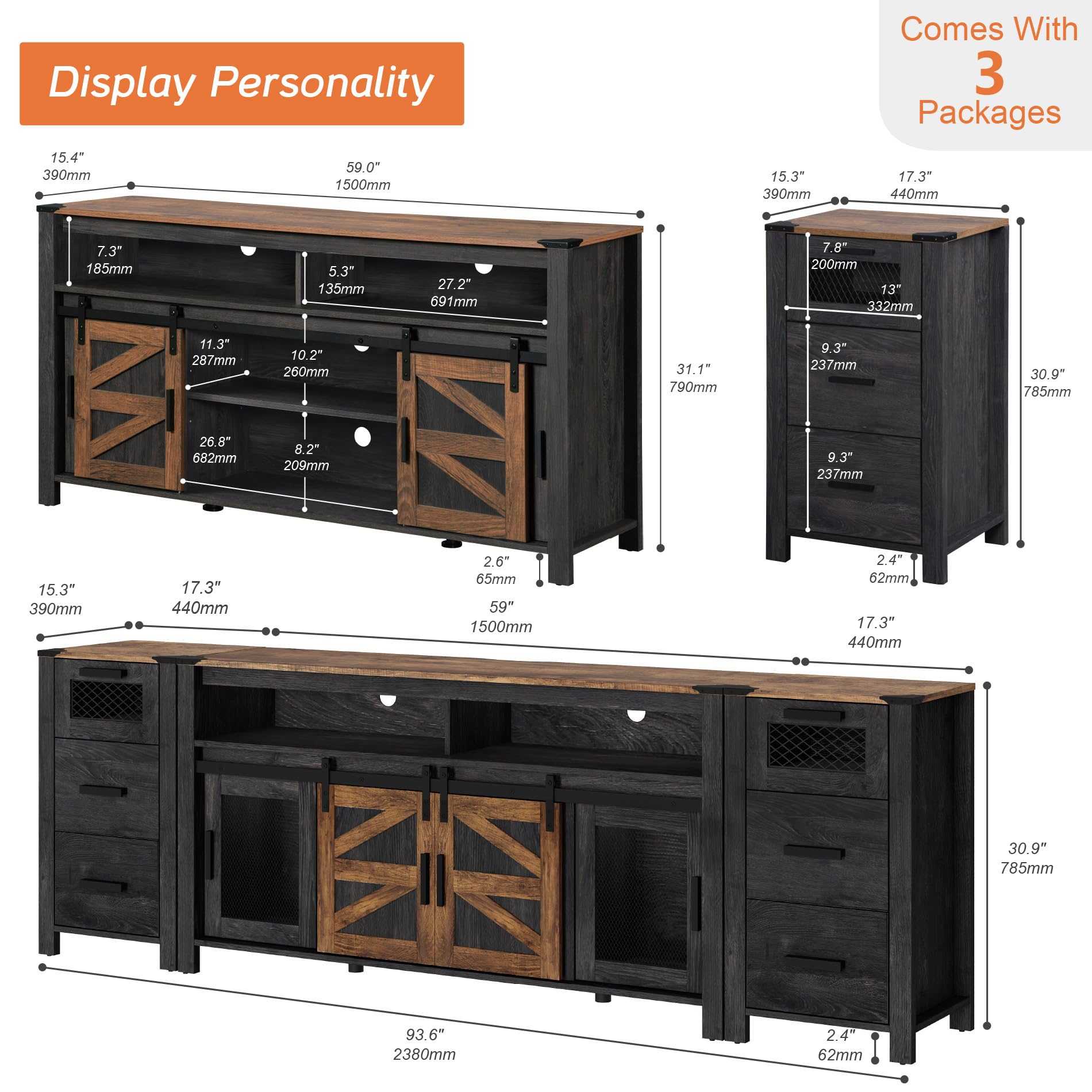 WAMPAT Drawer TV Stand Set for ups to 85 inch TV,Entertainment Center with Sliding Barn Door,Farmhouse Media TV Console Table with Adjustable Shelf for Living Room Bedroom,Dark Walnut and Black