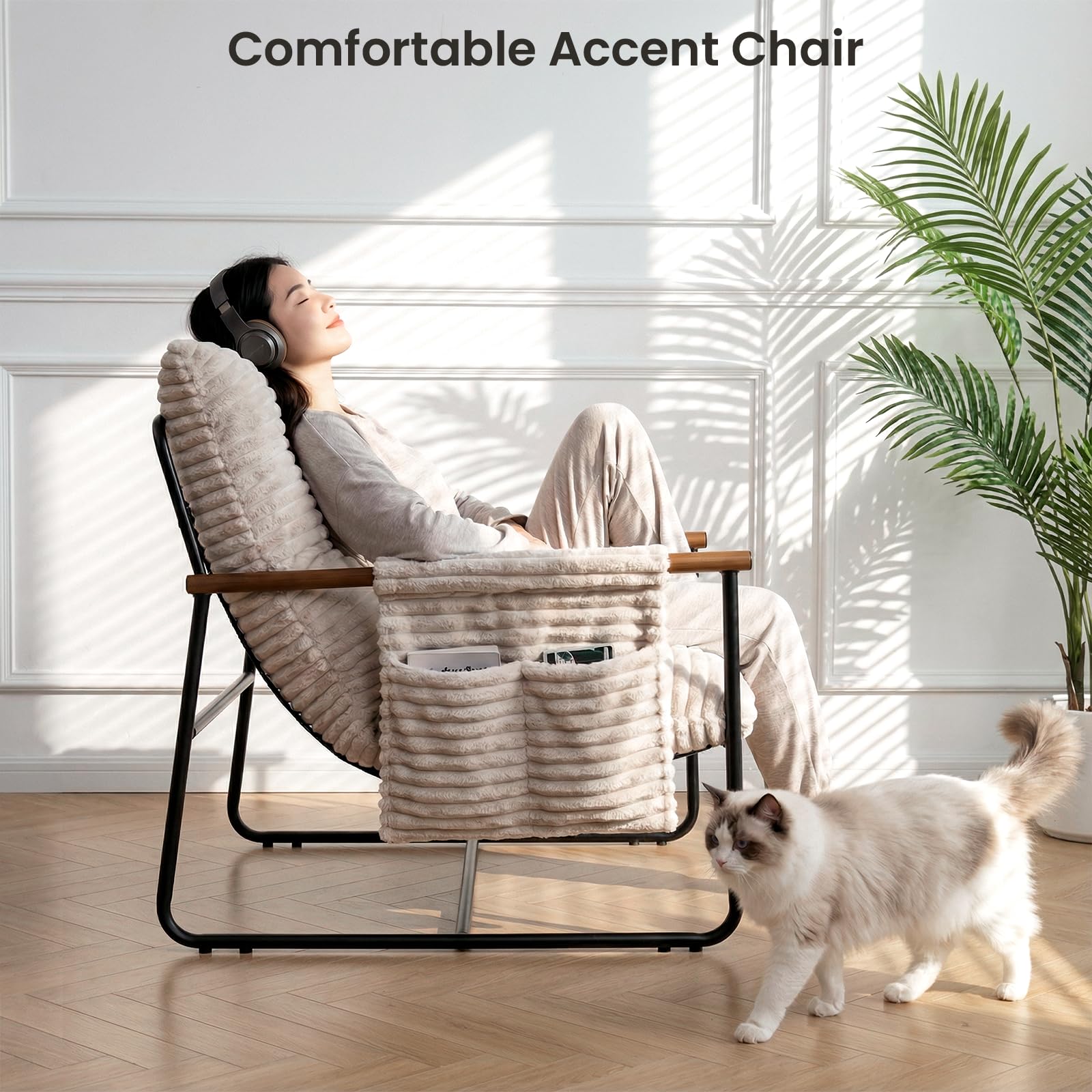 Corduroy Accent Chair with Wood Armrests