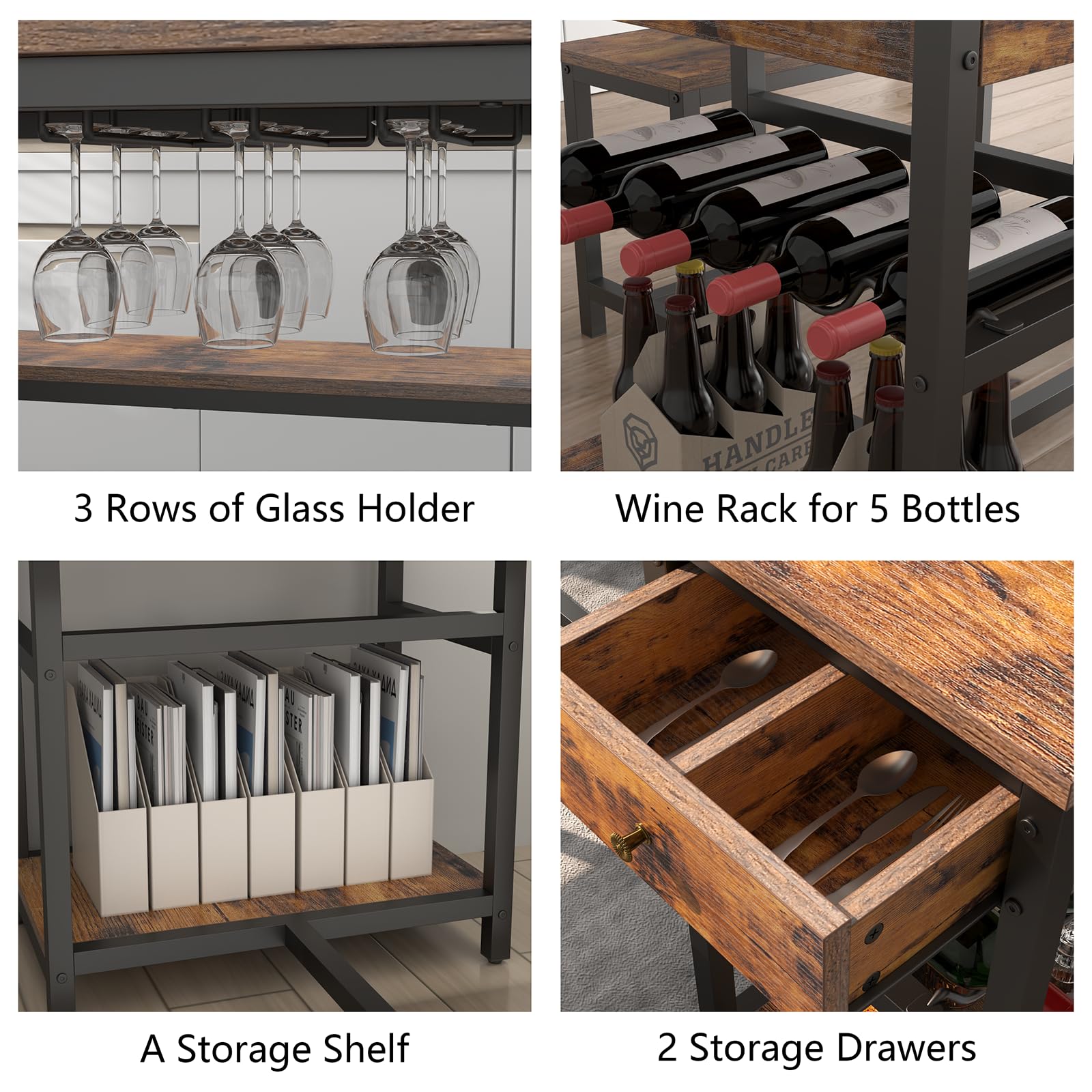 Dining Table Set with Storage & Wine Rack, Brown