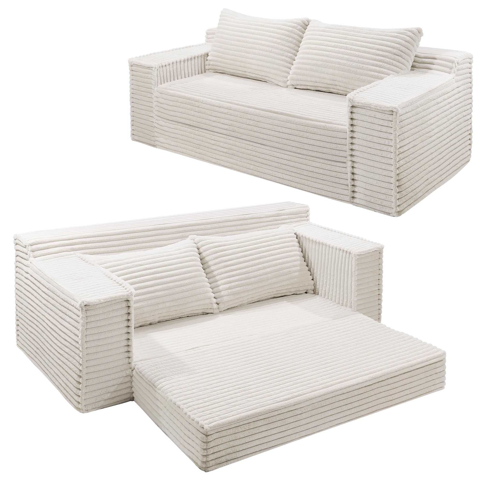 IDEALHOUSE 75 Inch Convertible Sofa Bed, Boneless Sleeper Sofa, 2 in 1 Folding Couch Bed with 2 Pillows, Pull Out Couch Bed, Loveseat Sofa for Living Room Bedroom, No Assembly, Beige