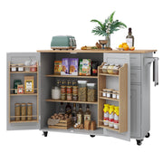 HLR Kitchen Island with Storage, Grey Rolling Kitchen Island on Wheels with Drop-Leaf Bar Countertop, Prep Table with Side Open Spice Rack and Tower Rack, Home Bar Carts with Storage