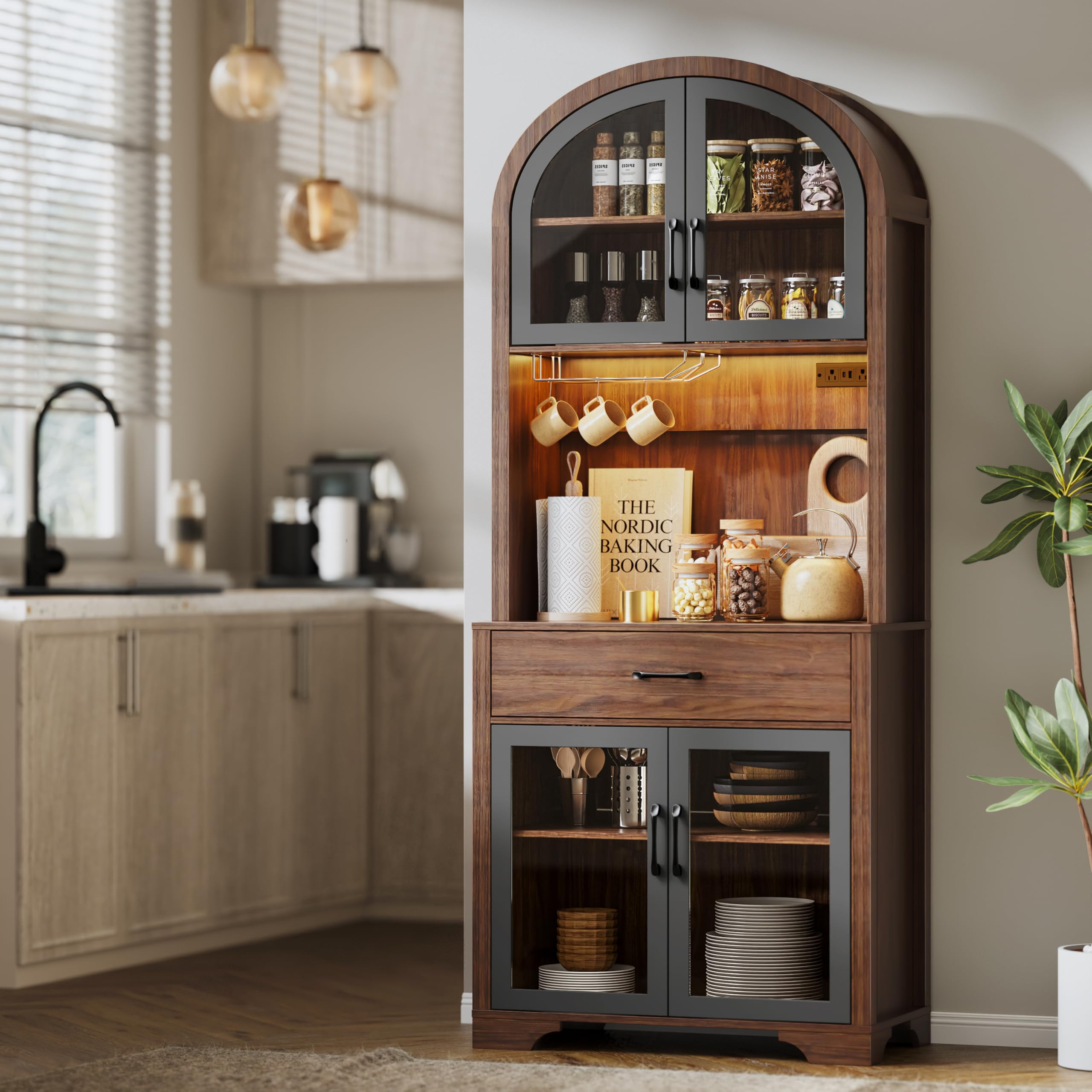 beronbaer 75" Tall Arched Pantry Cabinet with Charging Station & LED Light, Kitchen Pantry Cabinet with Microwave Stand, Drawers and Adjustable Shelf, Coffee Bar Liquor Cabinet for Dining Room