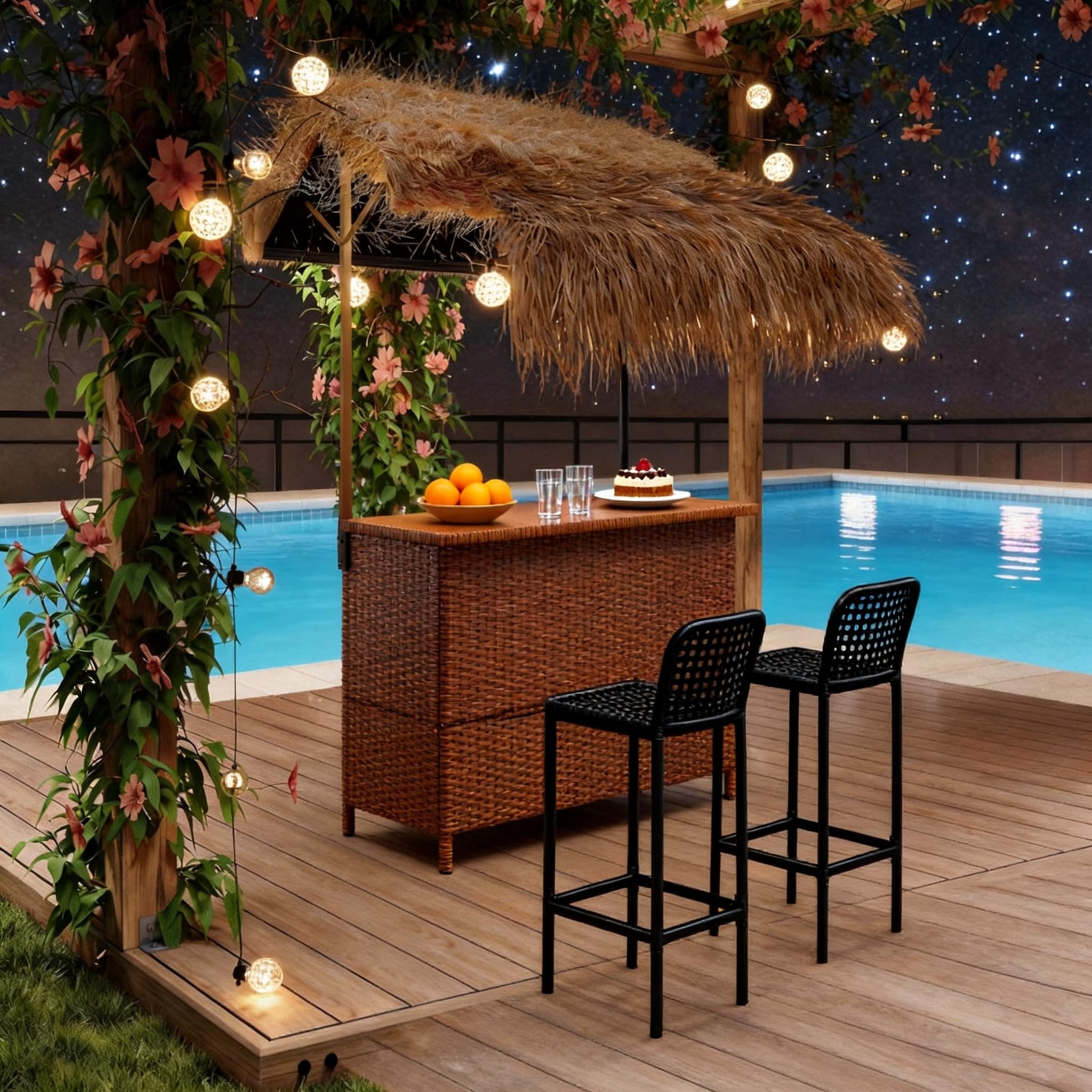 LYNSLIM Outdoor Tiki Bar Set, Phuket Outdoor Patio Wicker Islander, 43" W Tempered Glass Top, Outside Patio Bar with Adjustable Double-Layer Soft-Top Sunshade & Grill Gazebo Shelter