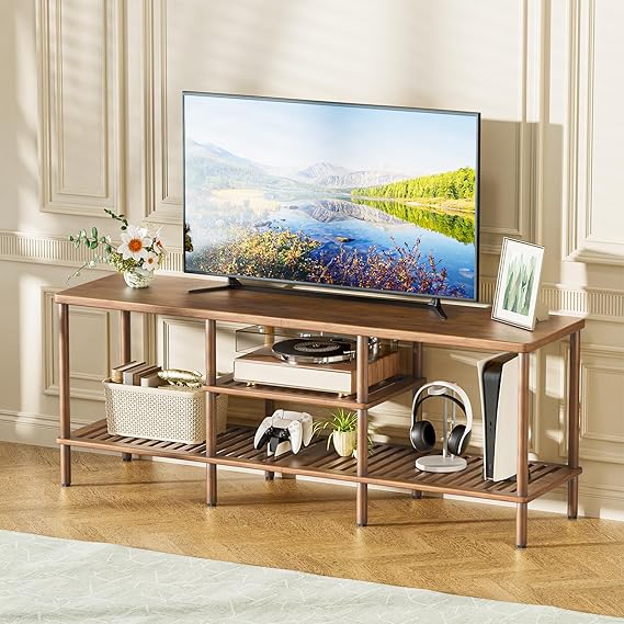 Bamboo TV Stand with 3-Tier Open Storage Shelf