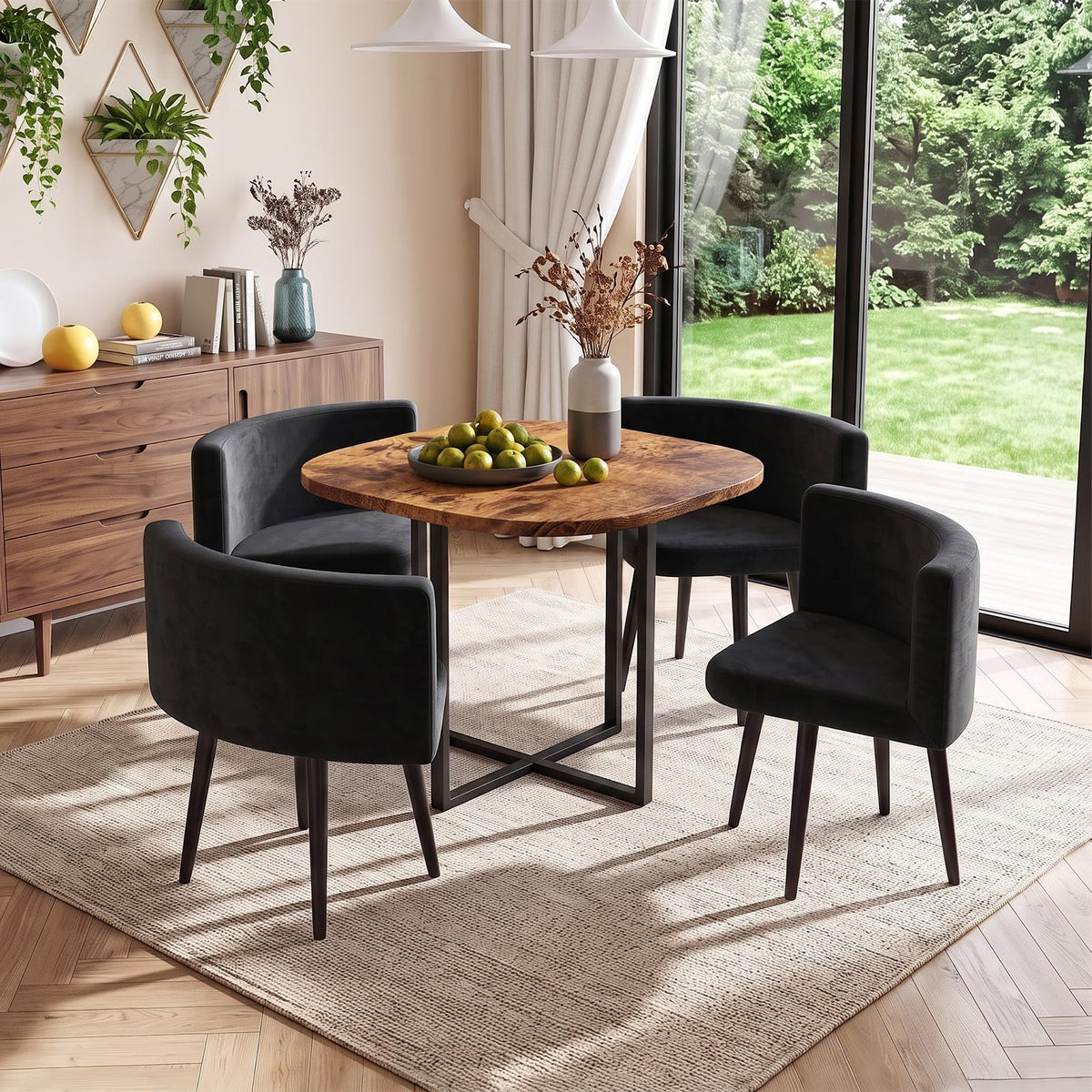35.4" Square Dining Table with Rounded Corner, Brown Table ＆ Black Chairs