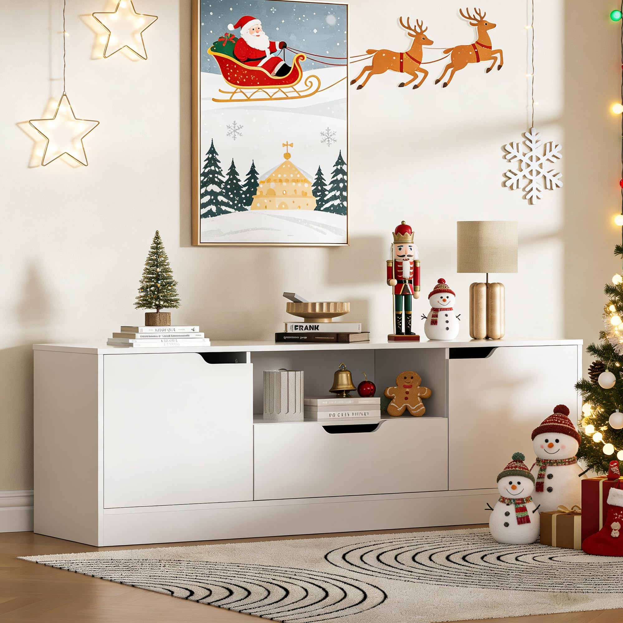 Housoul TV Stand for 55/60/65 Inch TV, Entertainment Center with 2 Doors & Drawer, Media TV Console Table with Storage Cabinet for Living Room, Bedroom, White