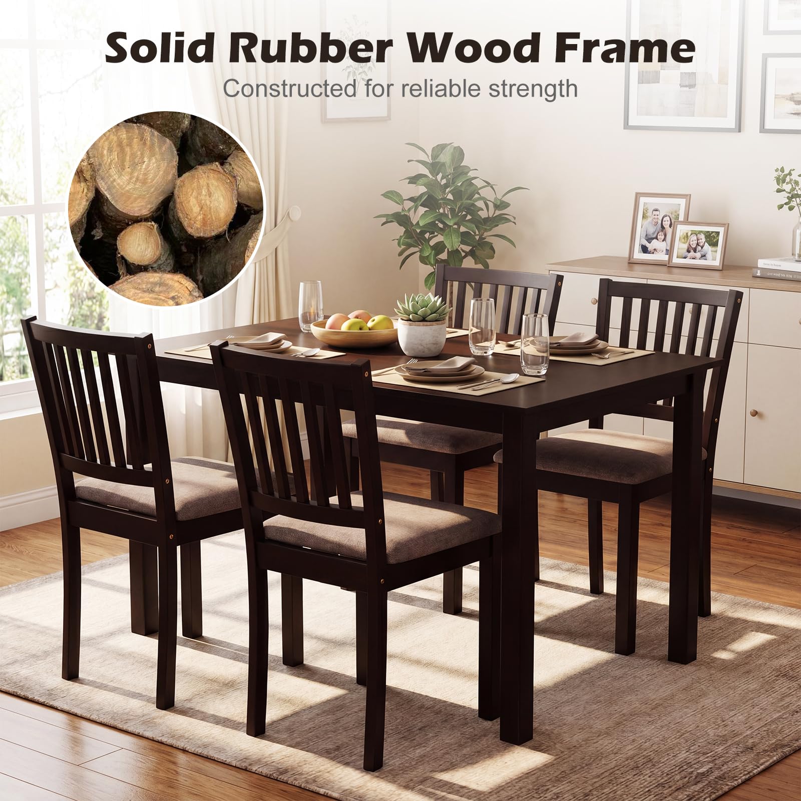 Giantex Dining Table Set for 4, Rectangular Kitchen Table Set w/4 Upholstered Chairs & Solid Rubber Wood Frame, Space-Saving Dinette Set for Small Space, Dining Room, Breakfast Nook
