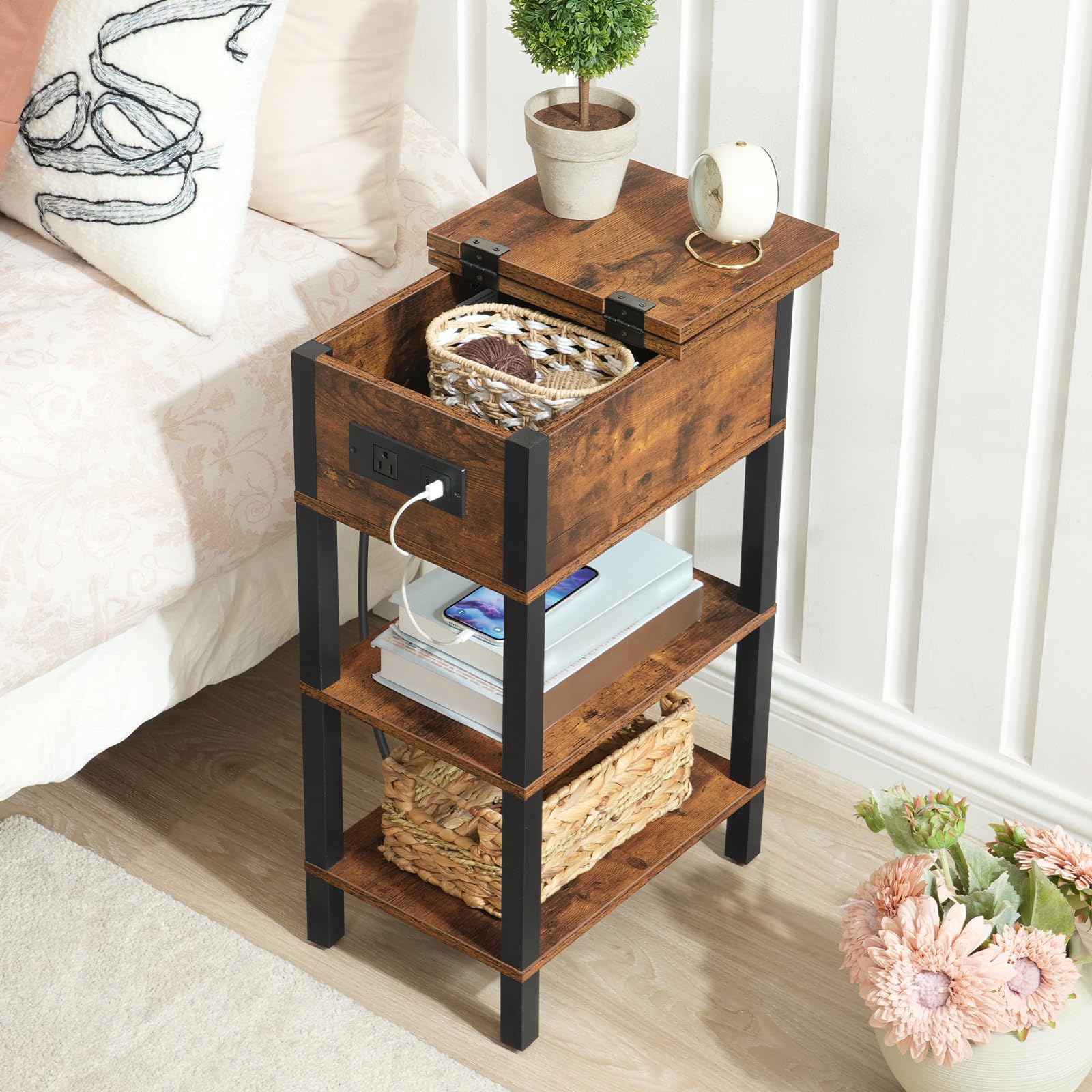 End Table with Charging Station & Storage Shelves