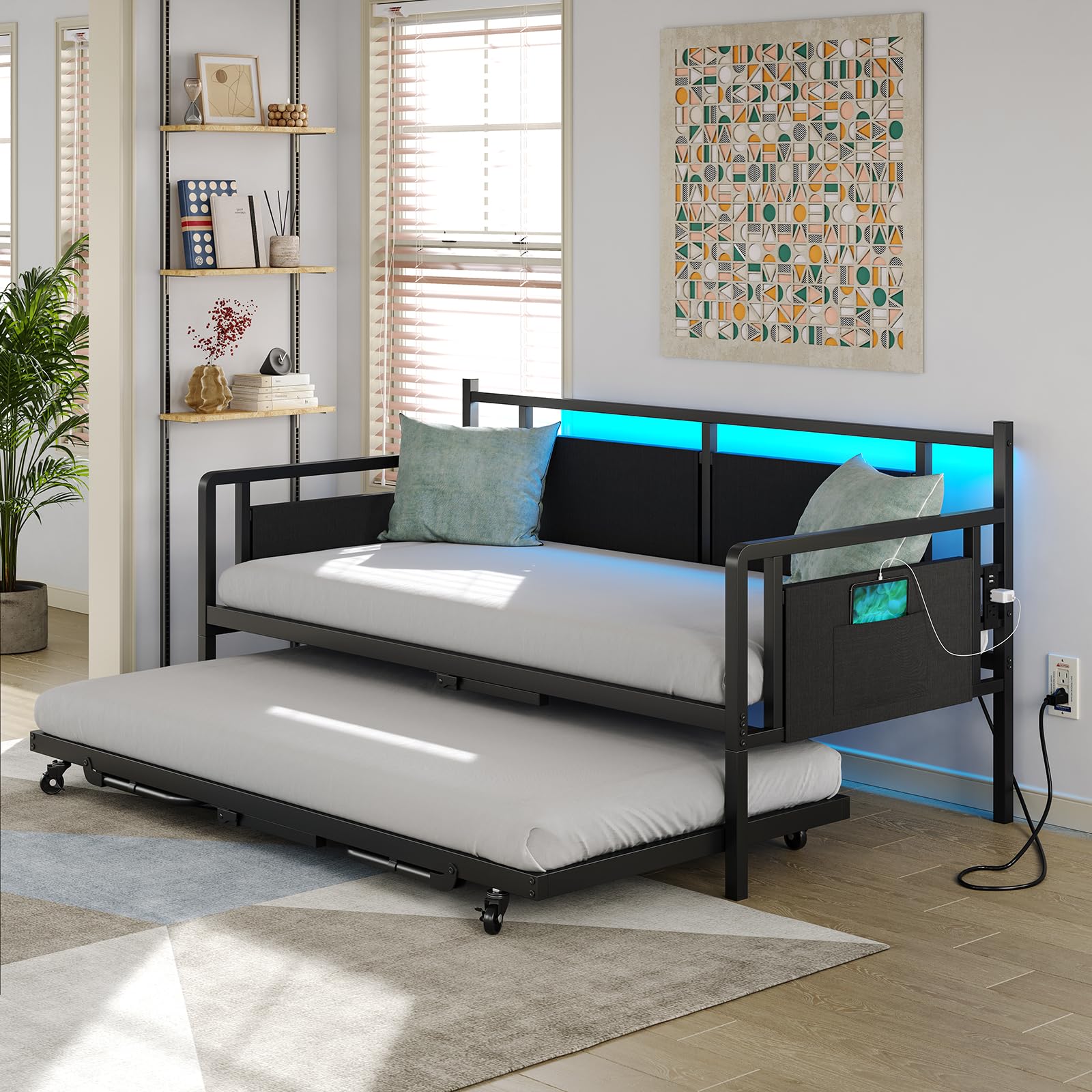 Furniouse Daybed with Charging Station and LED Lights, Twin Daybed with Trundle, Metal Bed Frame with Steel Slat Support for Bedroom, Guest Room, Living Room Black