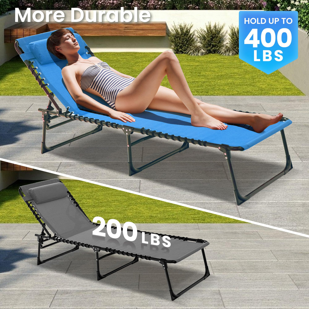SUNW 2 Pack 400lbs Adjustable Folding Chaise Lounge, Lay Flat Recliner with Pillow & Side Pocket for Patio Pool Camping (Blue)