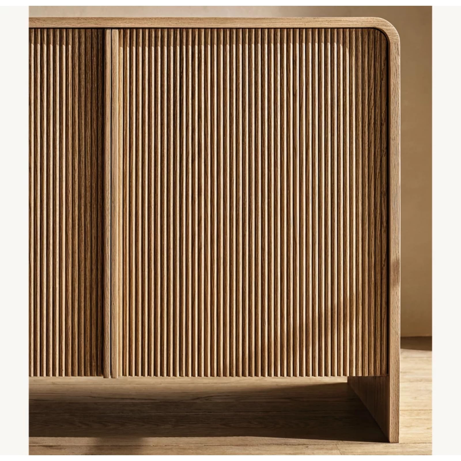 60" Reeded White Oak Sideboard Buffet, 4-Door Credenza with Adjustable Shelves & Cord Cutouts, Natural Oak