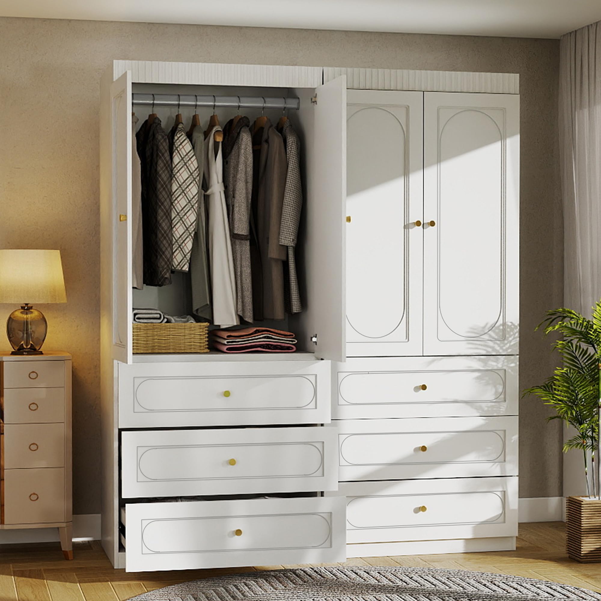 Vrmuxita Armoire Wardrobe Closet with Drawers: 74" Tall White Wardrobe Closet with Doors, Large Bedroom Armoires for Clothes, Wood Closets for Hanging Clothes (31.5 in-2 Doors)