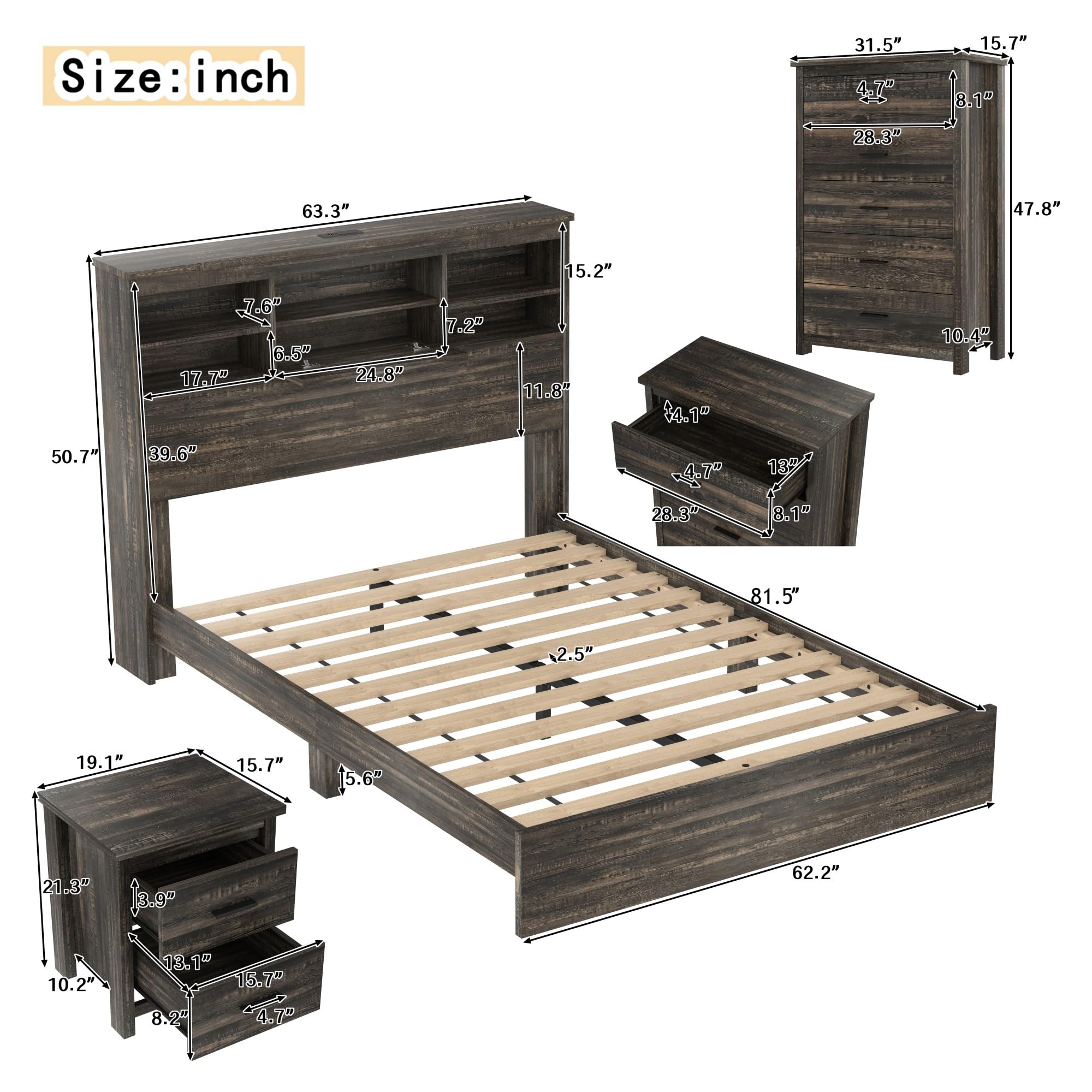 Queen Size Bedroom Set with USB Charging & Storage Headboard