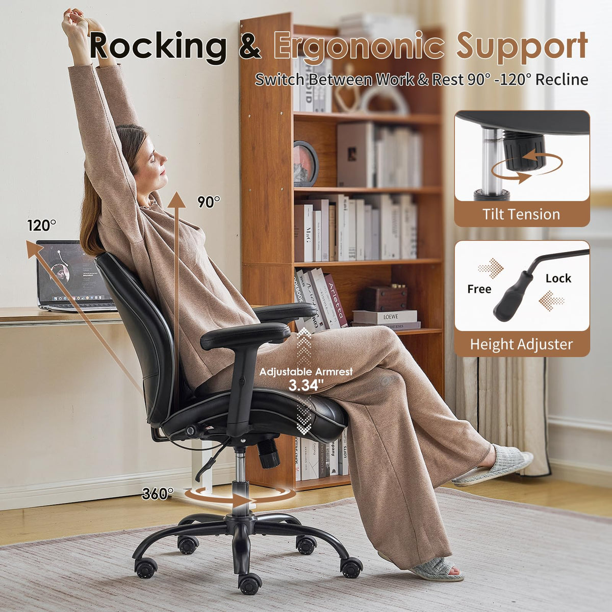YFO Home Office Desk Chair, Adjustable Armrests PU Ergonomic Chair, Black