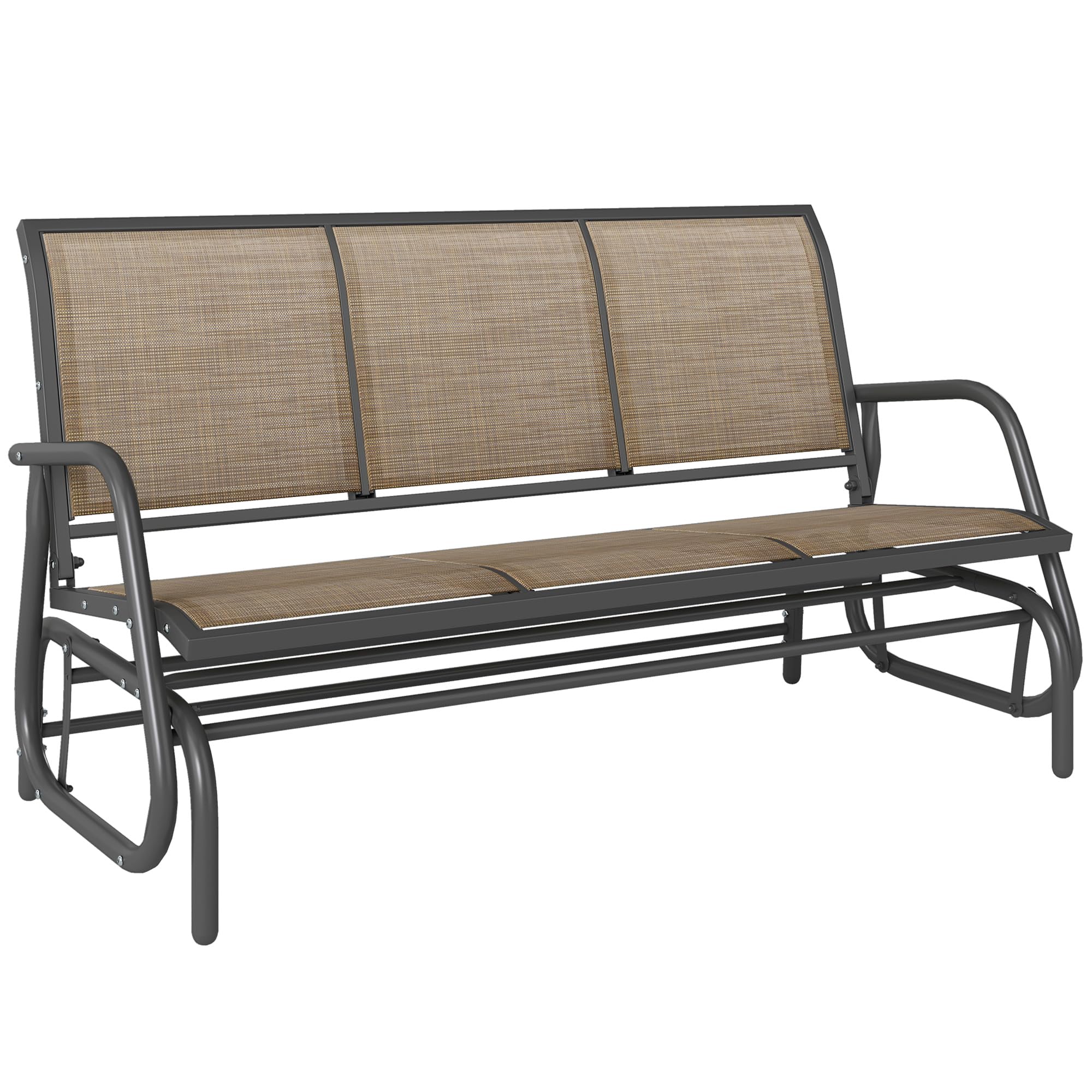 Outsunny 3-Person Patio Glider Bench, Outdoor Porch Glider Swing with 3 Seats, Breathable Mesh Fabric, Metal Frame, Light Mixed Brown