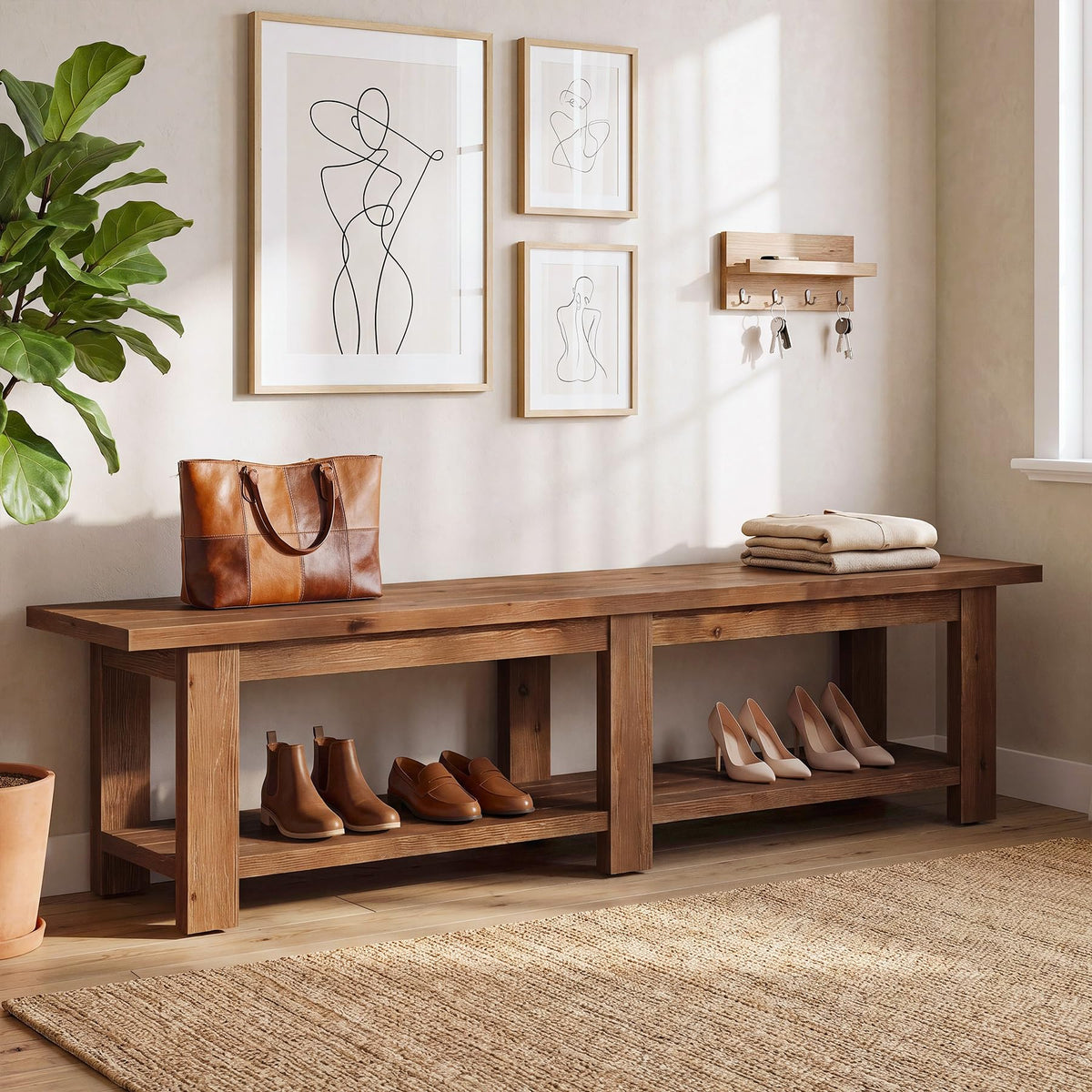 TRIBEWOOD 70.9" Solid Wood Entryway Shoe Bench, Extra Long Wooden Bench