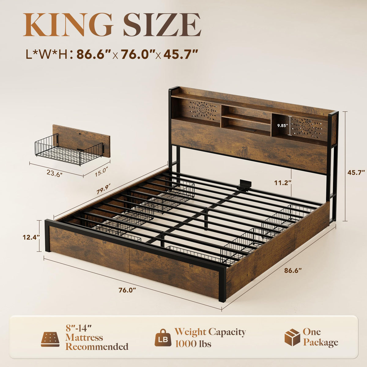 Belffin King Size Bed Frame with 6 Storage Drawers and Headboard, Brown