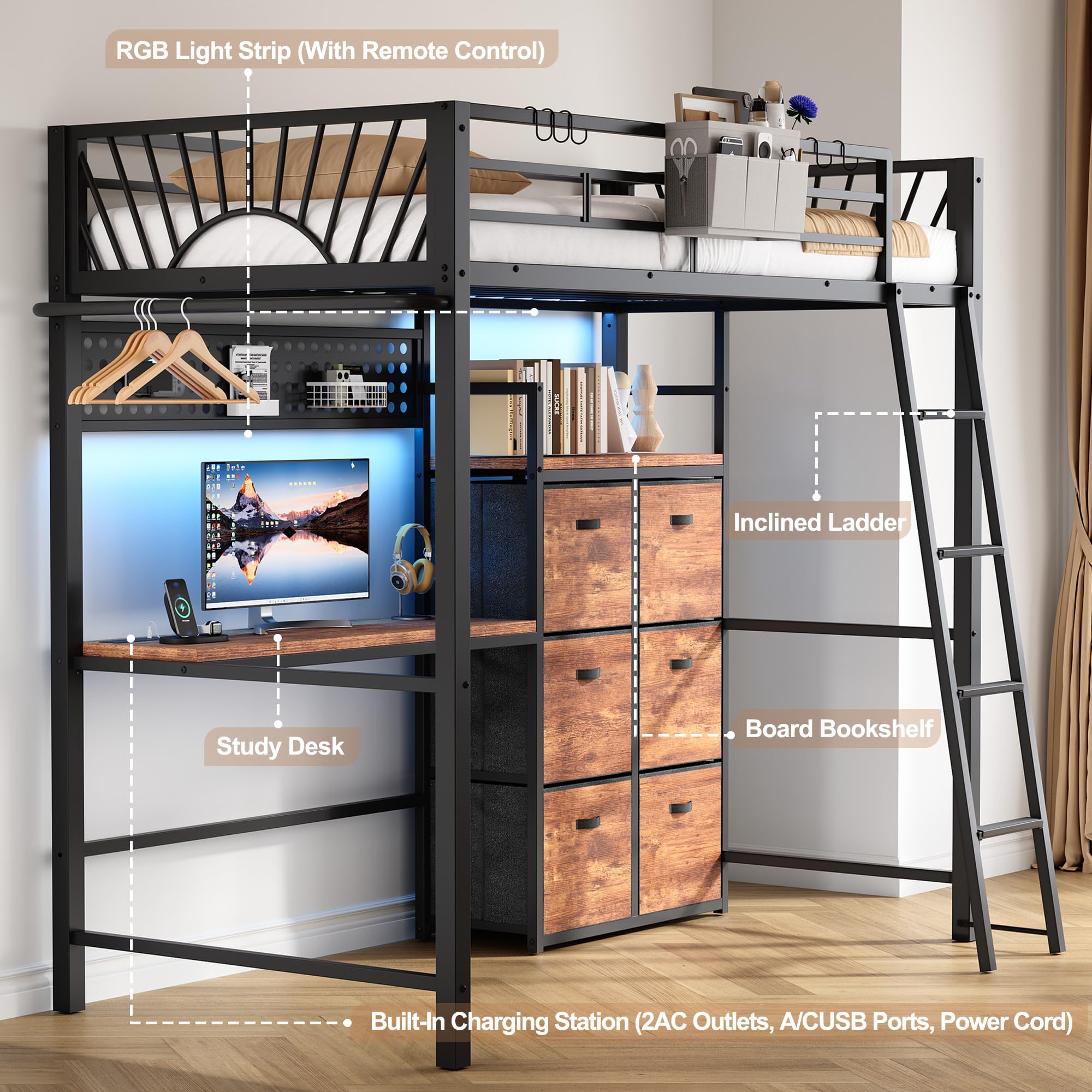 Twin Metal Loft Bed with Desk