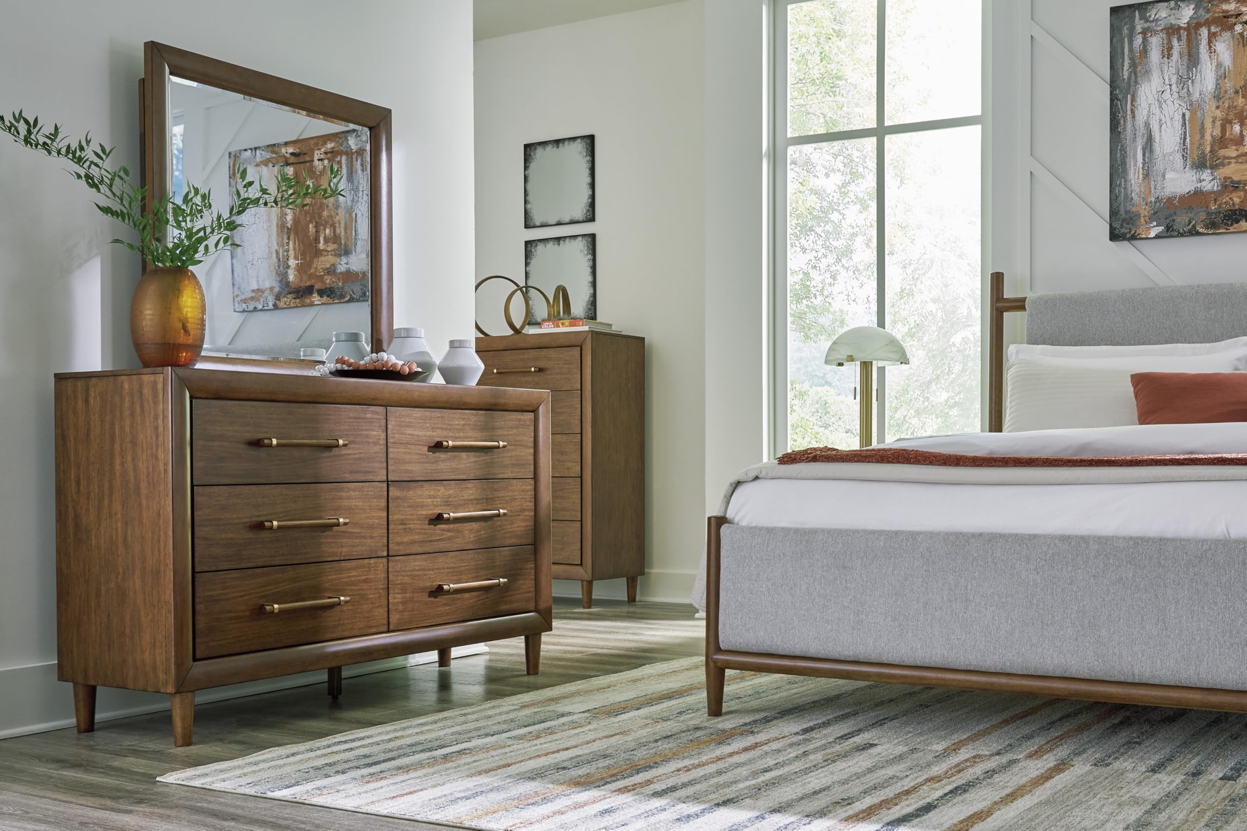 Signature Design by Ashley Lyncott Six-Drawer Dresser, Felt Lined Top Drawers, Round Tapered Legs, Hardwood Solids, 61.25' W x 17.88' D x 37.5' H, Brown