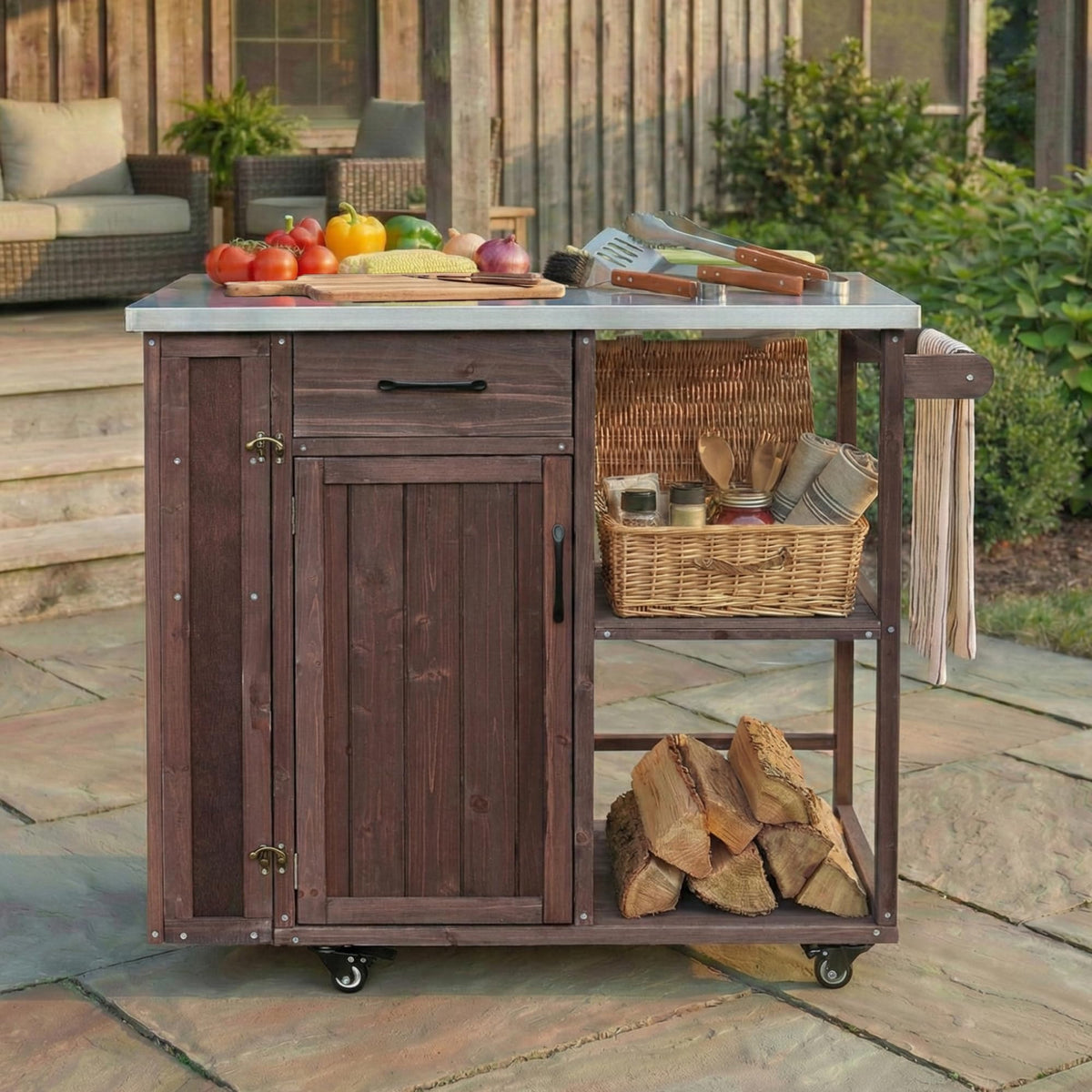P PURLOVE Outdoor Kitchen Island, Fir Wood Prep Station with Stainless Top, Ample Storage Space, Towel and Spice Racks for Patio and Outdoor, Dark Brown