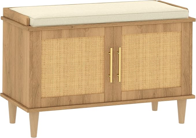 Rattan Shoe Storage Bench with Cushion