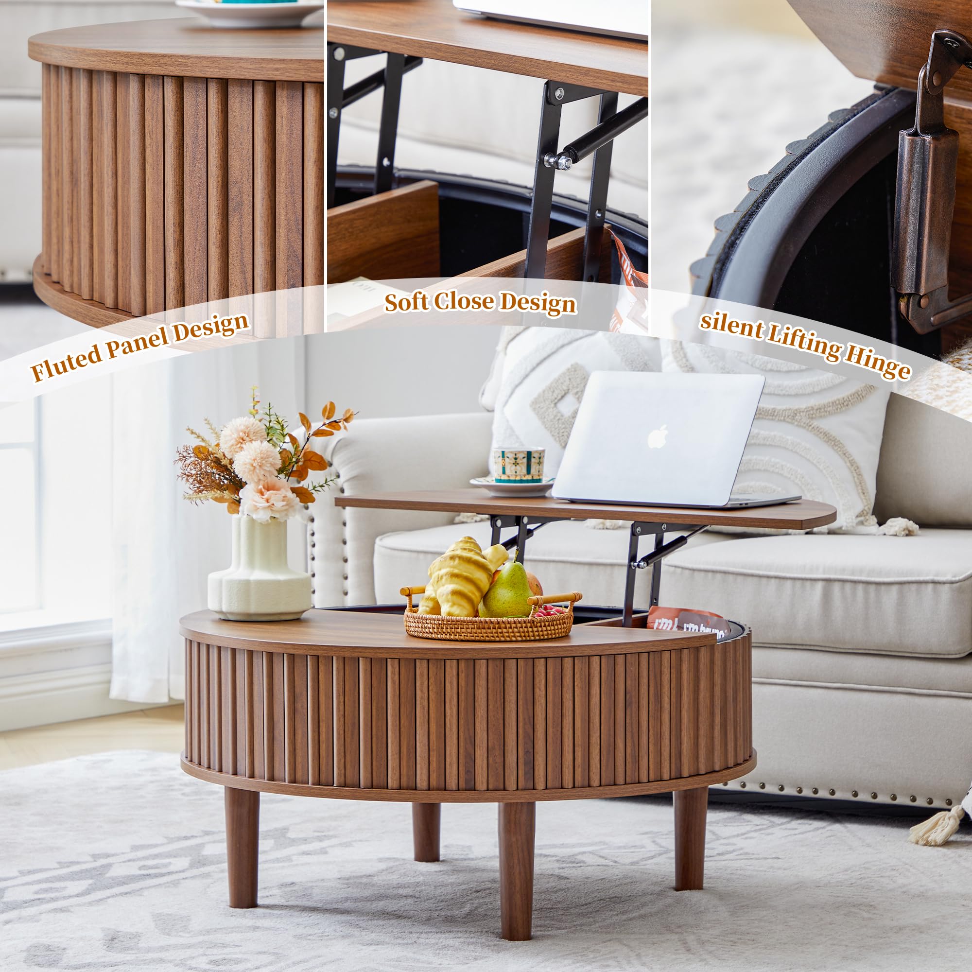 Janmer Home Round Lift Top Coffee Table with Storage, Fluted Mid Century Modern Coffee Tables, Small Space,31.5" Wooden Center Table for Living Room, Apartment, Office (Walnut)