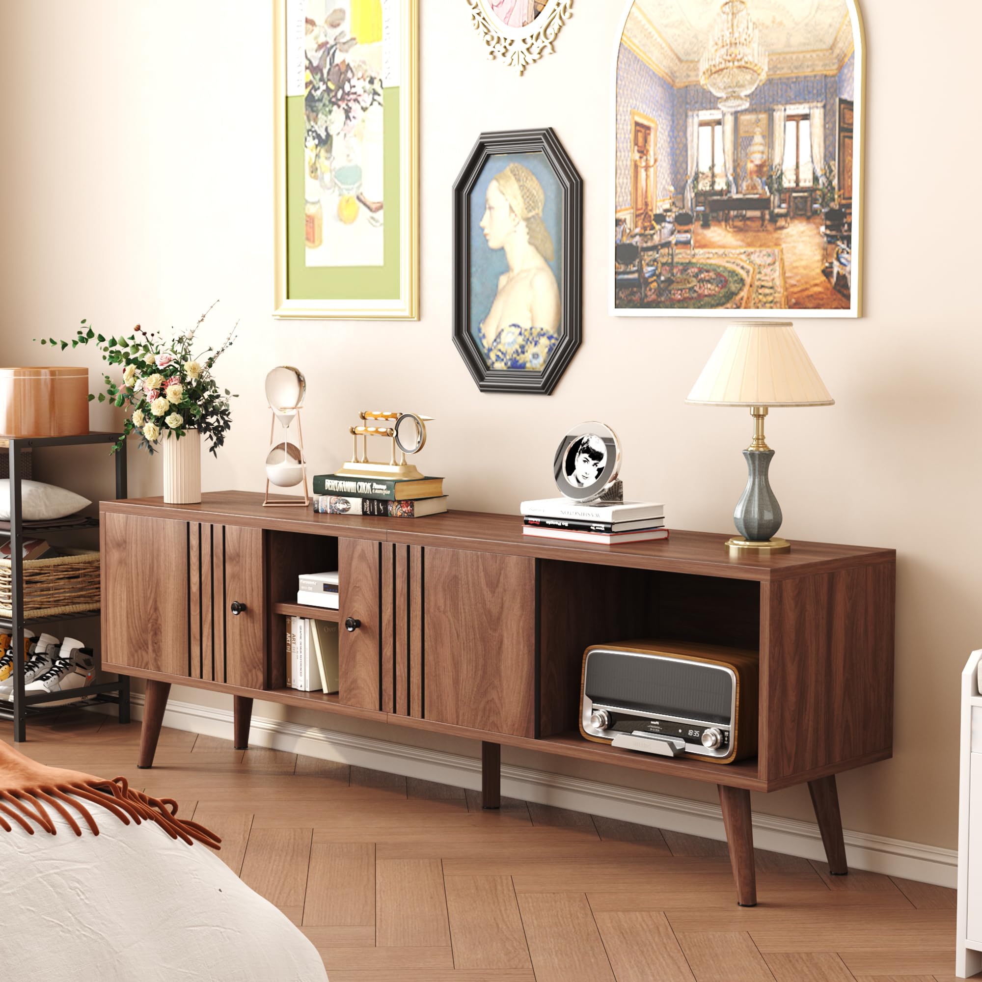 Mid-Century TV Stand with Sliding Door – Fits TVs up to 65"