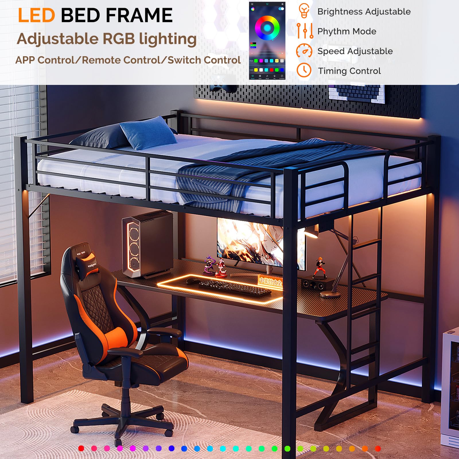 Queen Loft Bed with Charging Station & LED Lights