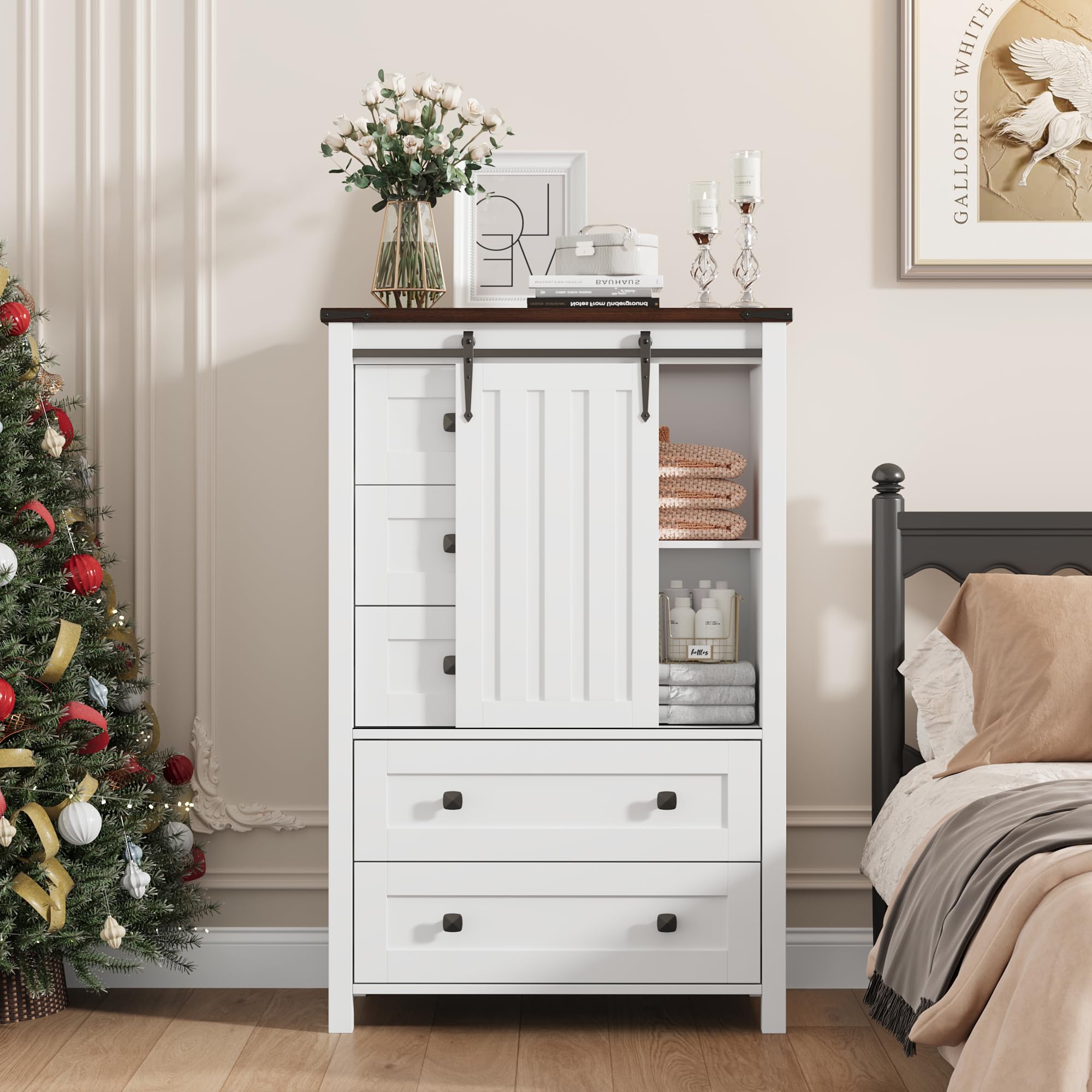 GarveeHome Farmhouse 5 Drawer Dresser for Bedroom, 48 in Tall Wood Dresser Chest of Drawer with Sliding Barn Door, Adjustable Shelf, Storage Organizer for Bedroom, Hallway, Living Room, Kitchen, White