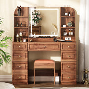 Arulvmrn 43” Wooden Makeup Vanity Set with Mirror and Lighted,Modern Vanity Desk with 9 Drawers,Storage Shelves, and Padded Seat, Dressing Table for Bedroom, Dorm, or Home Beauty Station,Brown