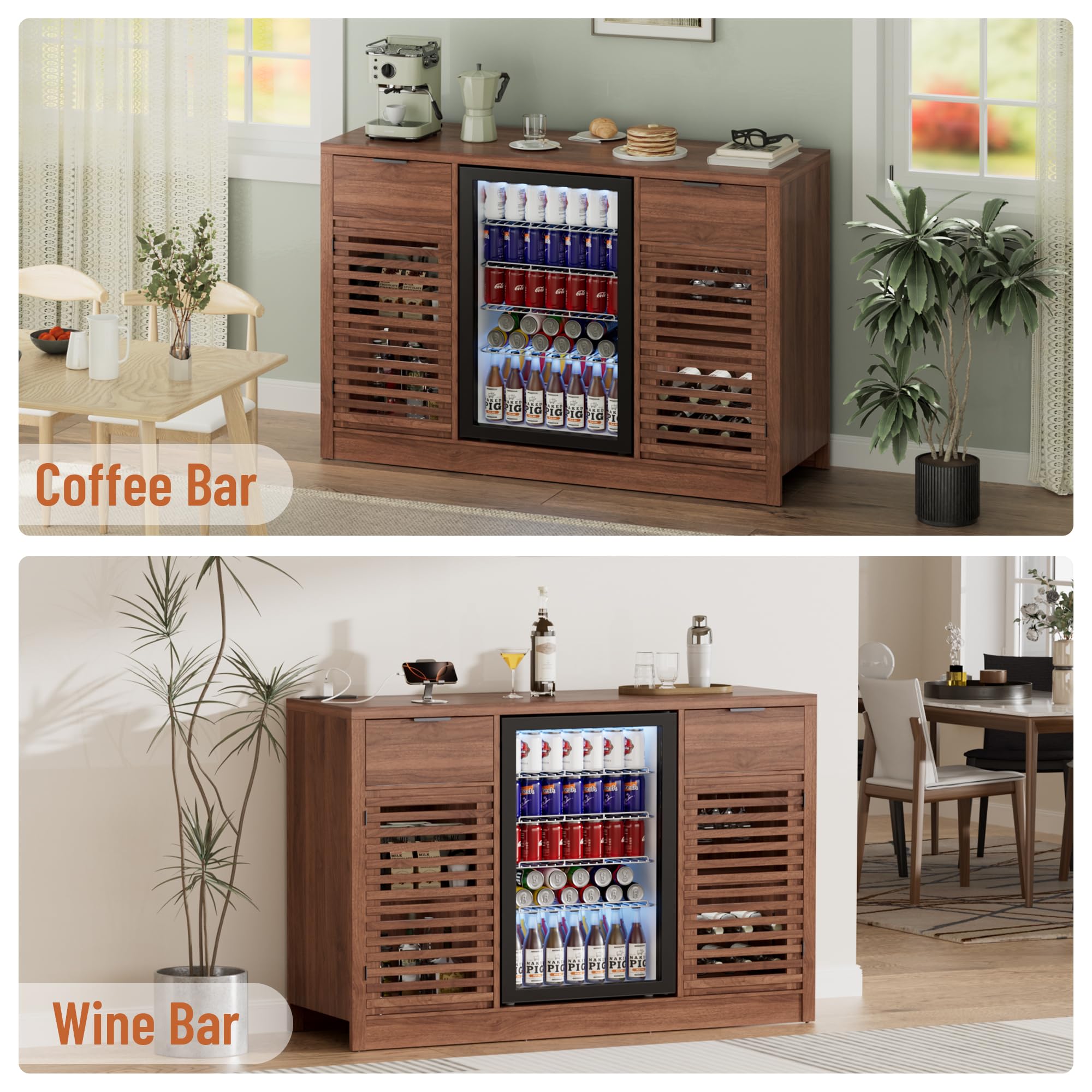 Coffee Bar Cabinet with Fridge Space, Liquor Wine Bar Cabinets with Wine Rack and Glass Holder, Mini Fridge Cabinet with Drawer & Storage, Fluted Buffet Sideboard for Dining Room, Kitchen (Walnut)
