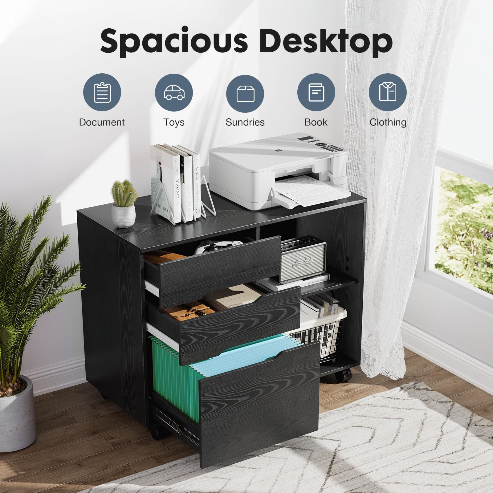 3-Drawer Rolling File Cabinet with Printer Stand