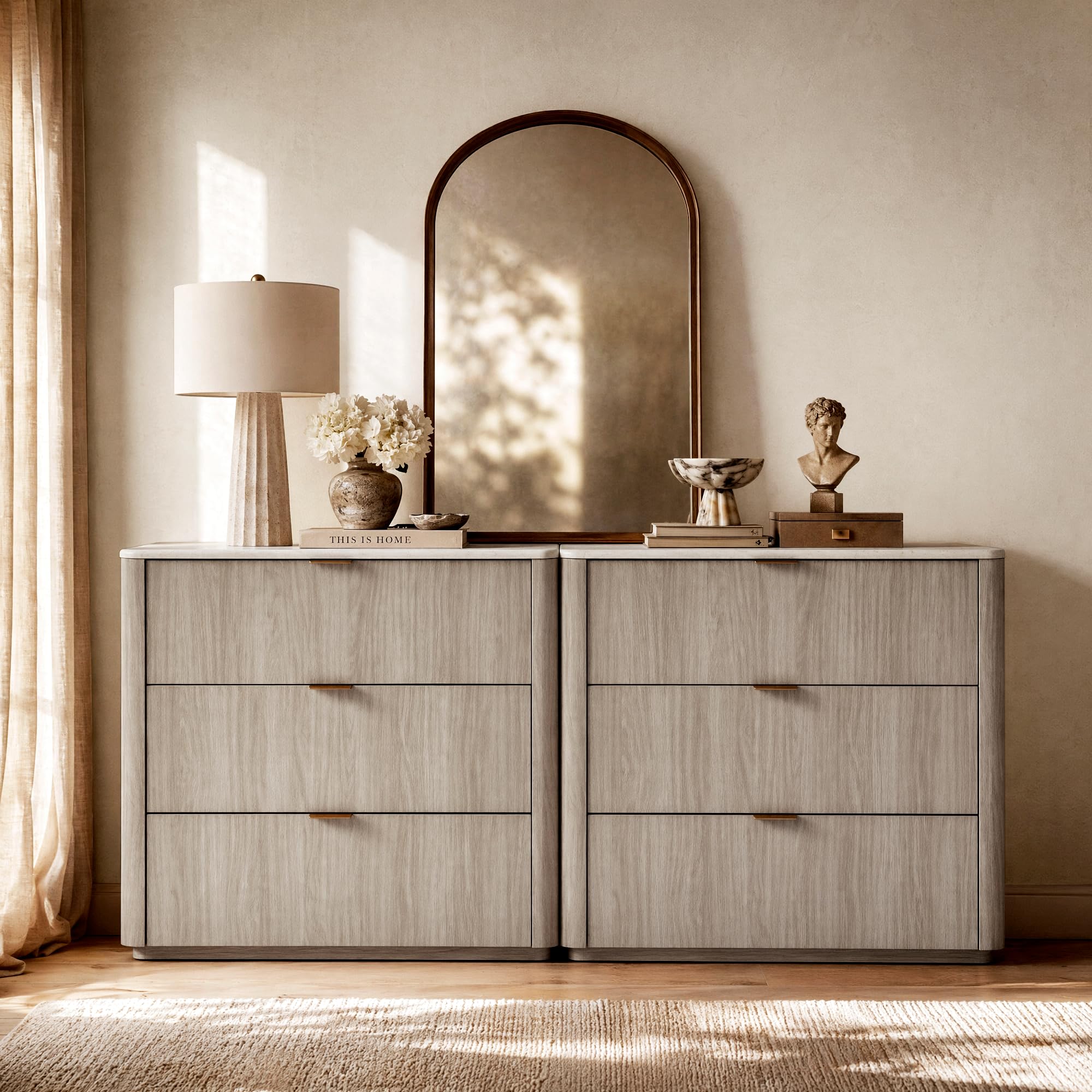 ModernMate 3 Drawer Dresser with Curved Profile & Faux Travertine Texture, 31.5" Large Nightstand Anti-Tip Chest of Drawers for Bedroom, Living Room, Wood Grain Gray