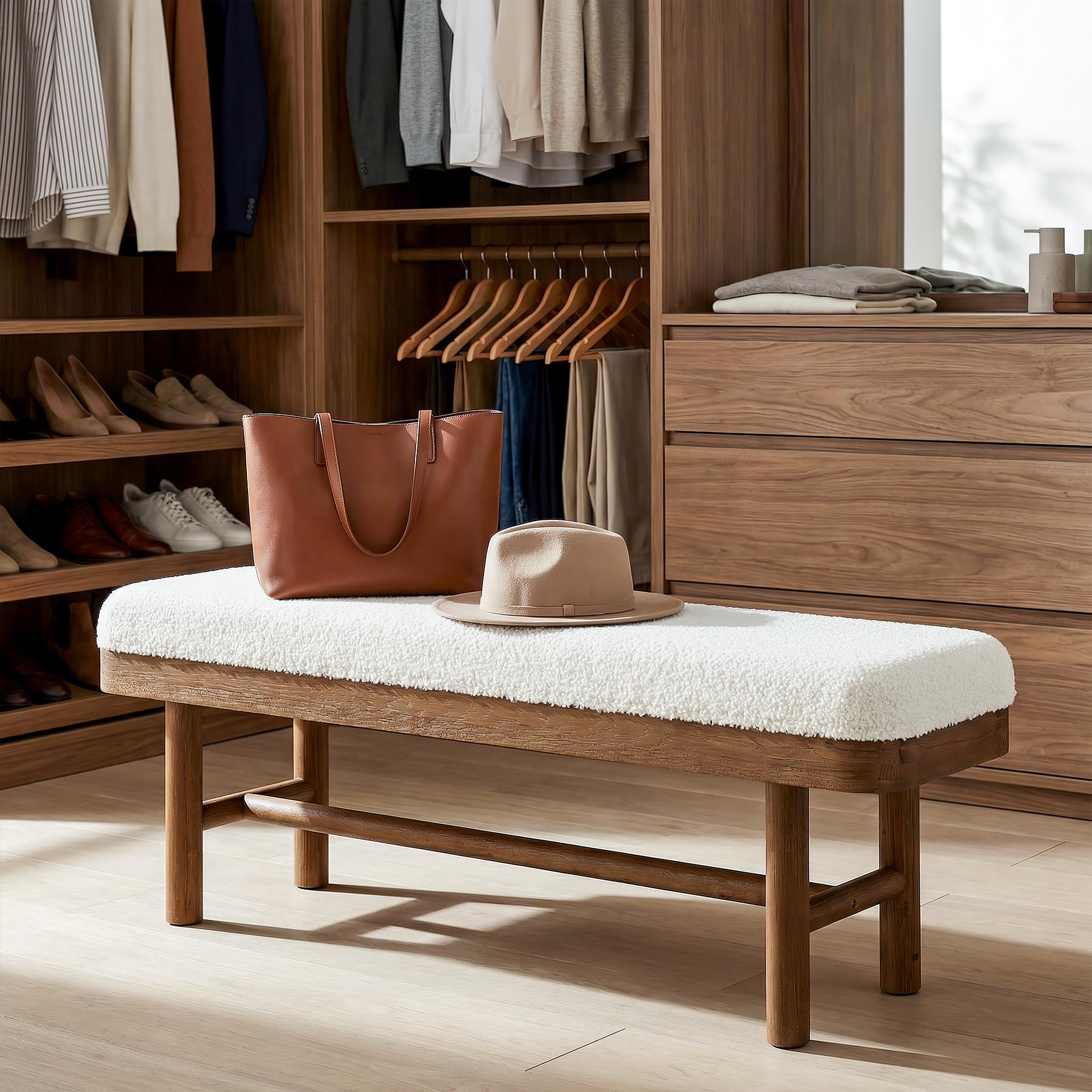 TRIBEWOOD 55" Upholstered Bedroom Bench, Solid Wood End of Bed Bench, Modern Indoor Bench with Cushion for Bedroom, Living Room, White & Brown