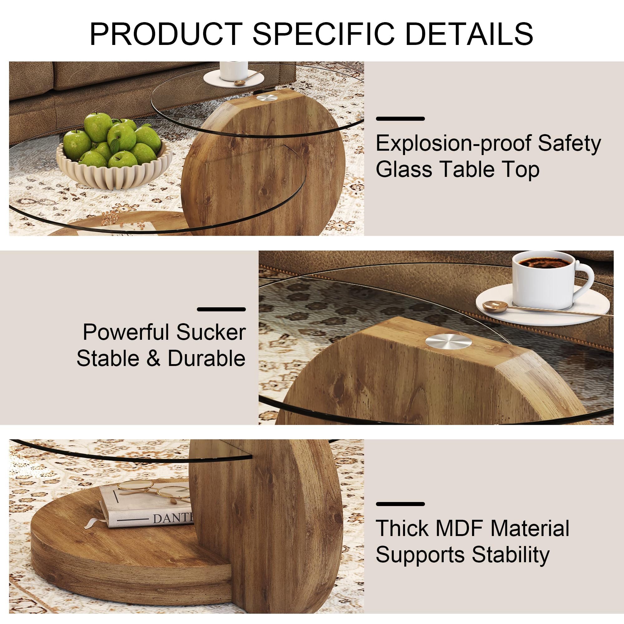 Round Glass Coffee Table with Wood Base & 3-Tier Storage