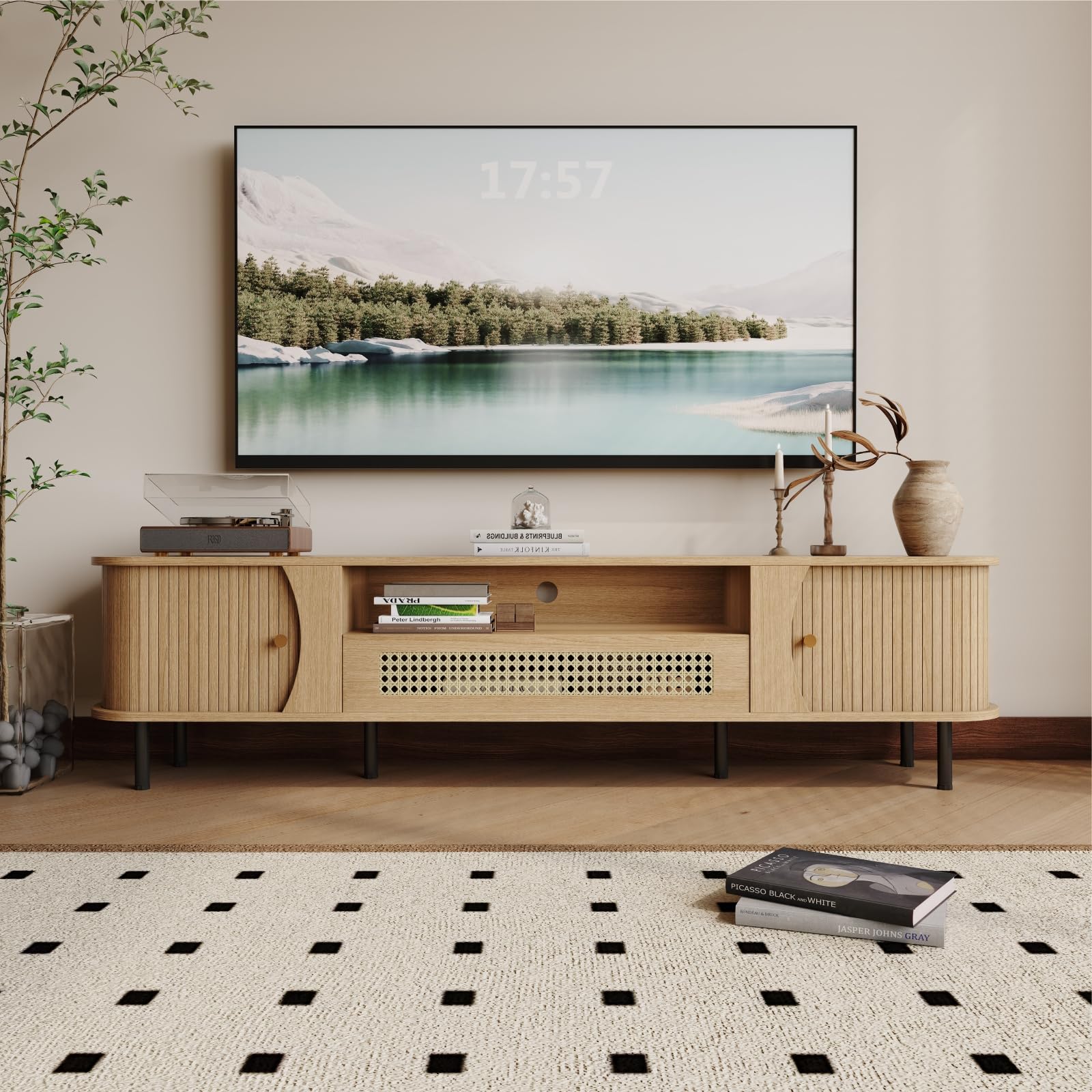 basenji 71" Mid Century Modern TV Stand, Wood TV Consoles with Sliding Doors and Rattan Door, Entertainment Center with Adjustable Shelves, Fluted TV Stands for Living Room, Wood