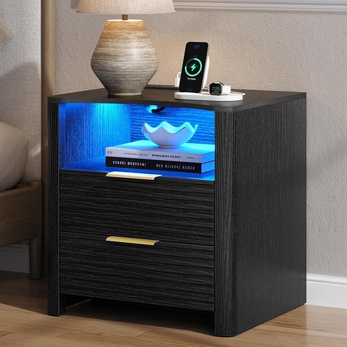 Fluted Nightstand with Charging Station & LED Lights