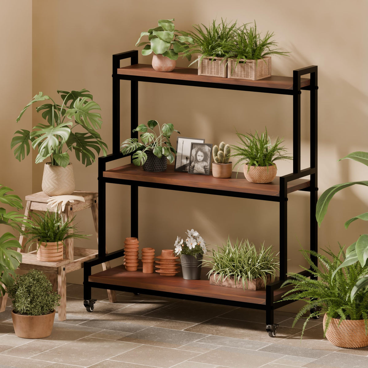 3-Tier Rolling Wood Plant Stand