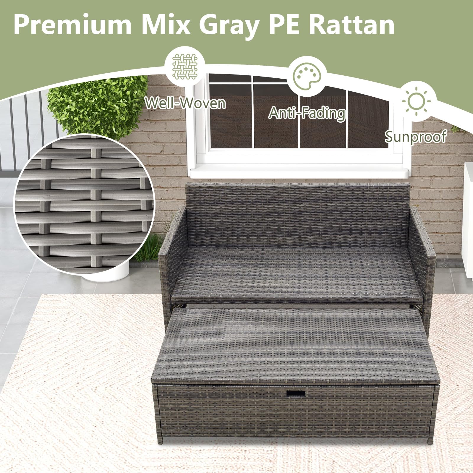 Outdoor Rattan Loveseat & Storage Ottoman Set