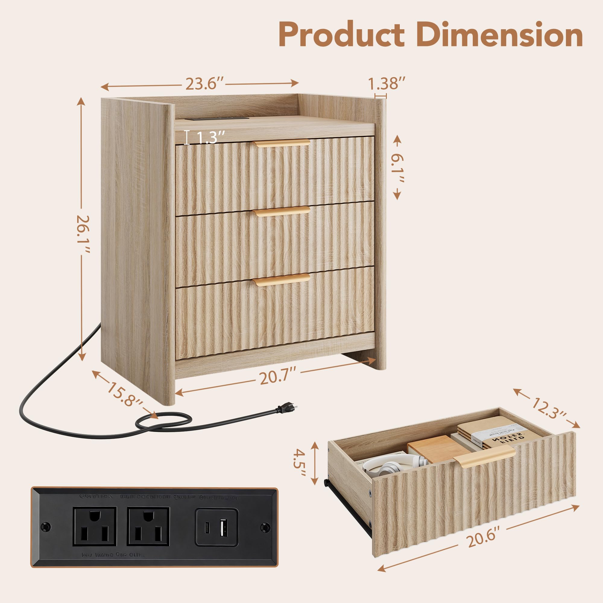 25.9" Fluted Nightstand with Charging Station, Large Bedside Table with 3 Storage Drawers and Metal Handle, Modern End Table for Bedroom, Home Office(Natural Oak)