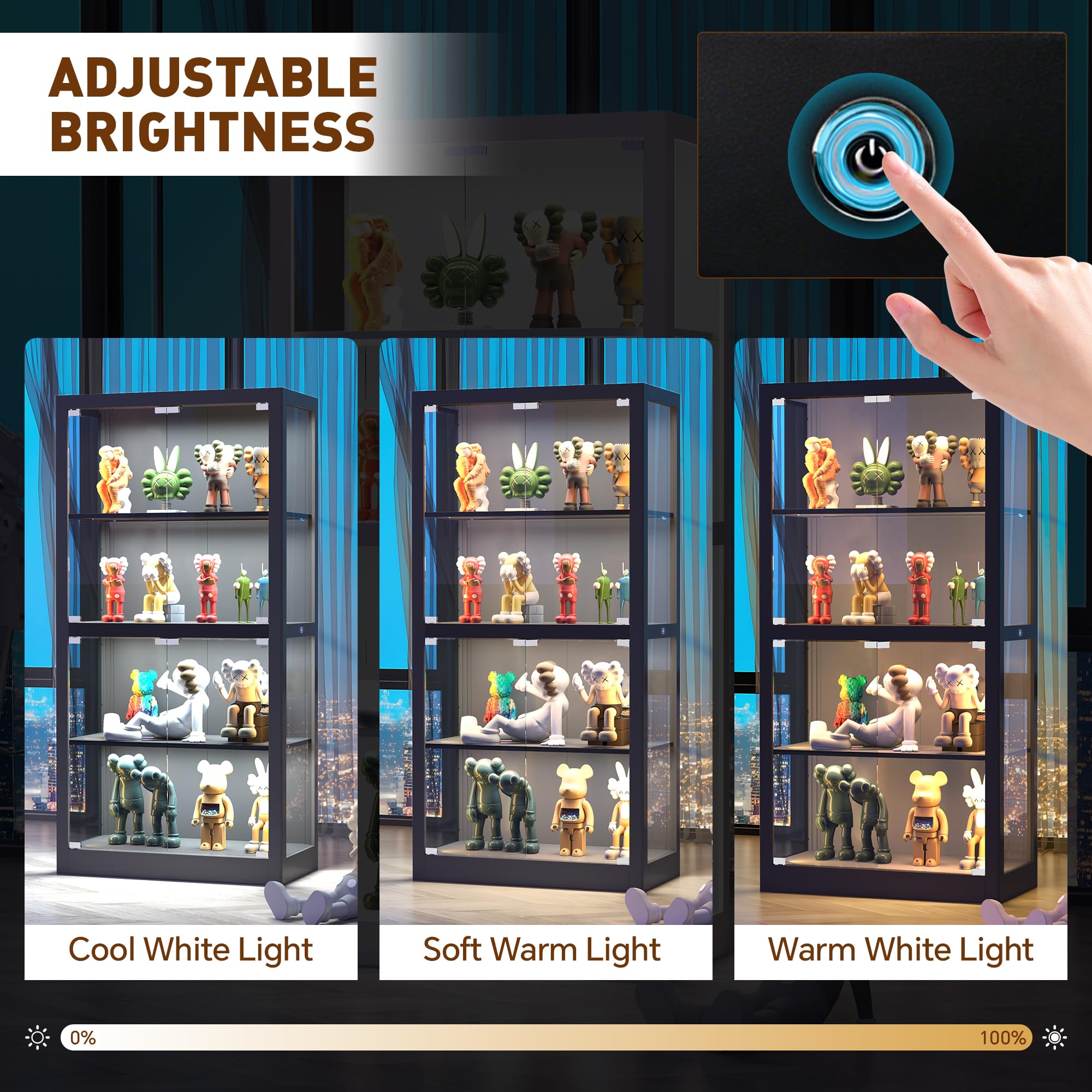 4-Tier Glass Display Cabinet with LED Lights