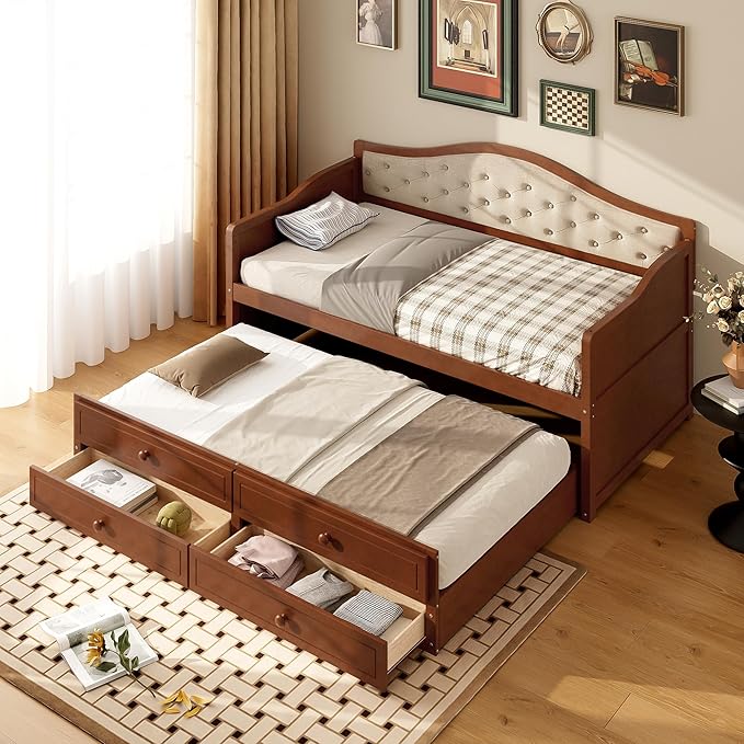 Twin Daybed Frame with Trundle and Storage Drawers