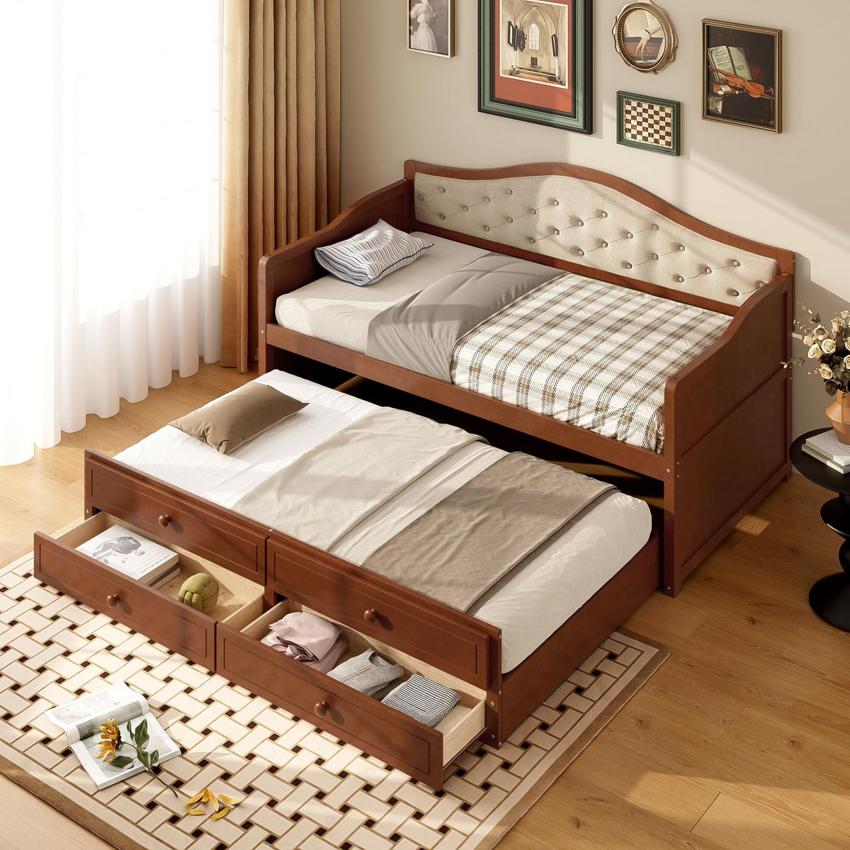 Twin Size Corner Bed Frame with Storage Drawers and Trundle, Walnut