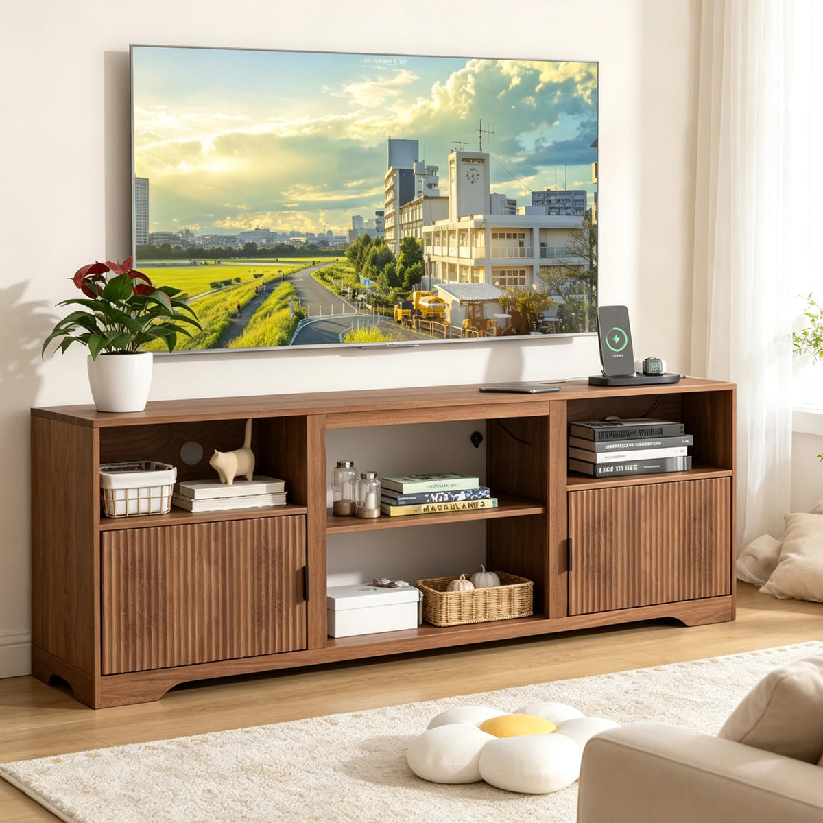 Fluted TV Stand for Tvs up to 80" with Adjustable Shelf Charging Station