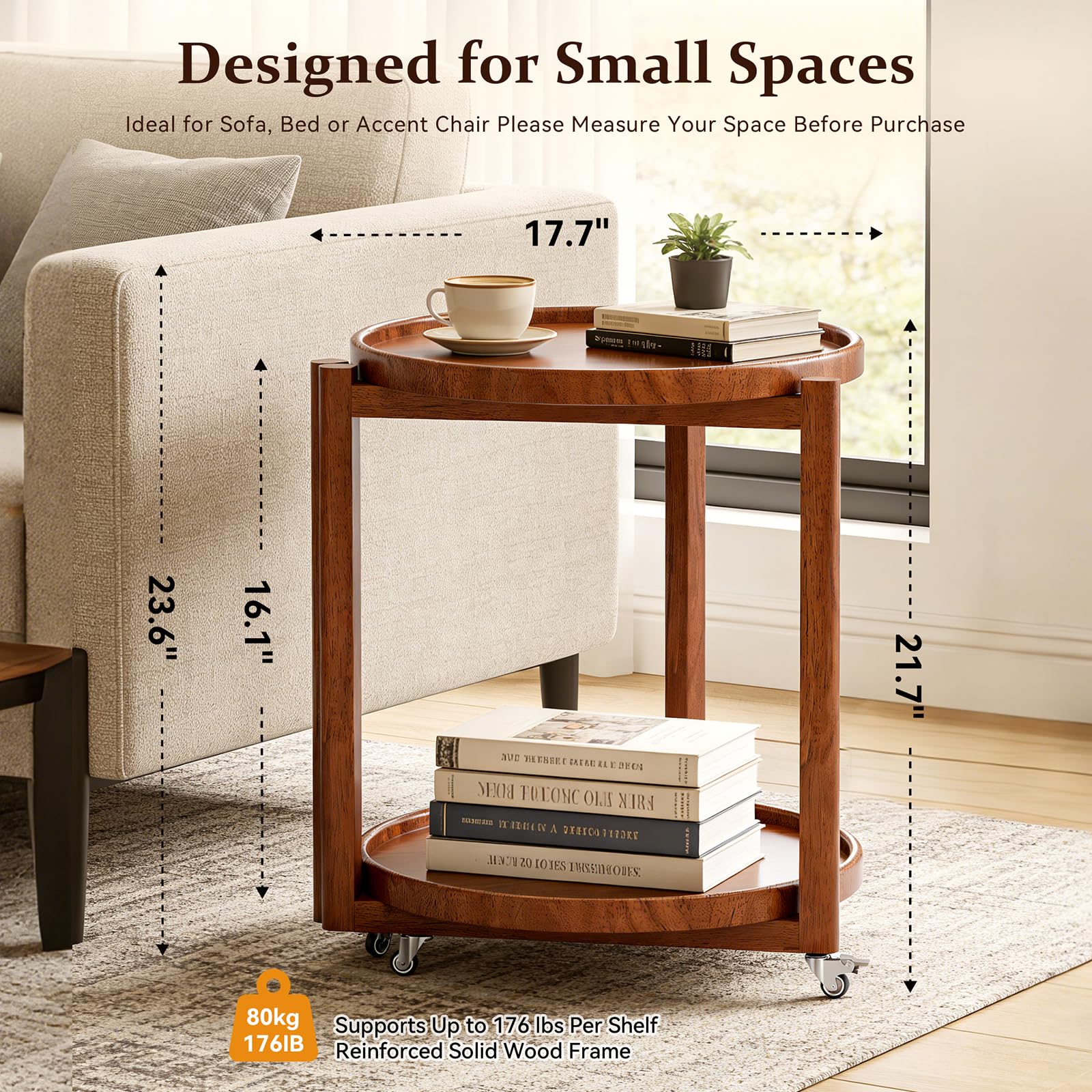 Round Rolling Side Table with Storage Shelf
