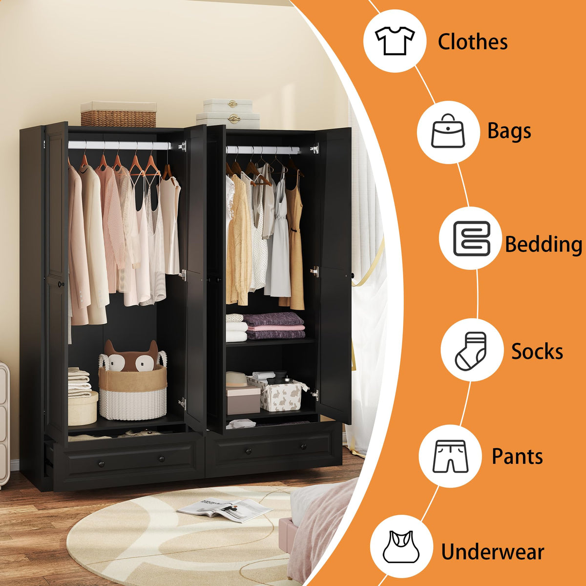 Mhsatyrs Black Armoire Wardrobe Closet with 2 Drawers, 74" Tall X 63" Wide