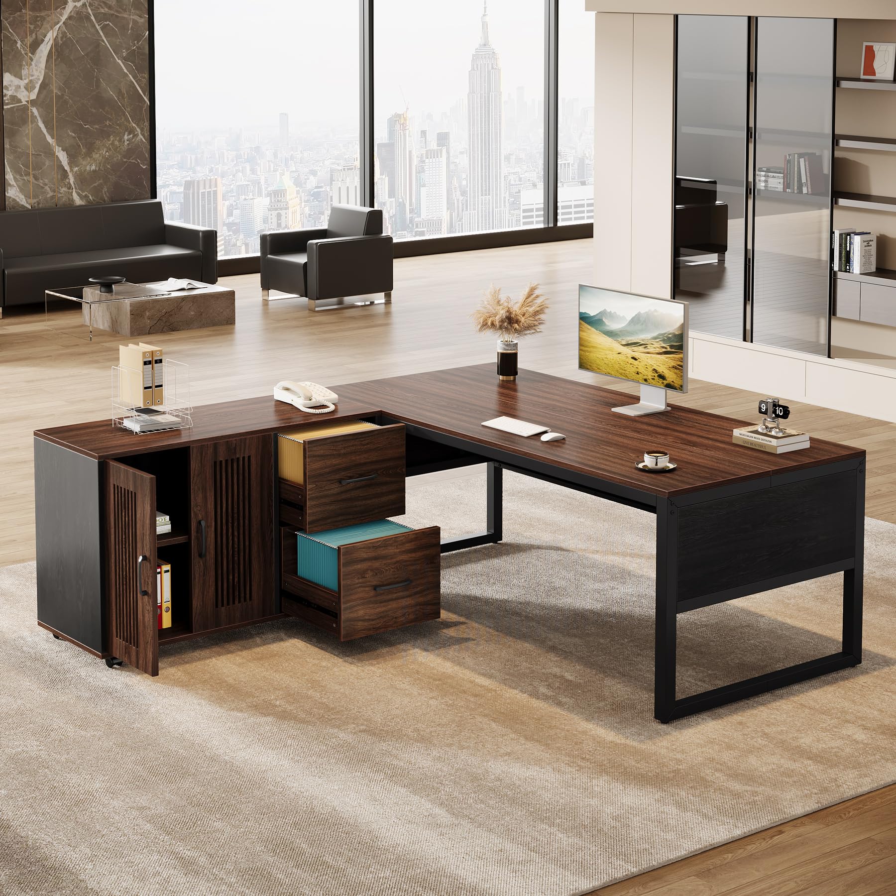 L-Shaped Executive Desk with Mobile File Cabinet