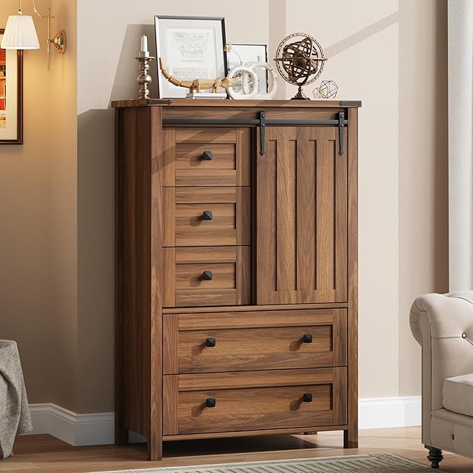 Farmhouse 5-Drawer Dresser with Sliding Barn Door